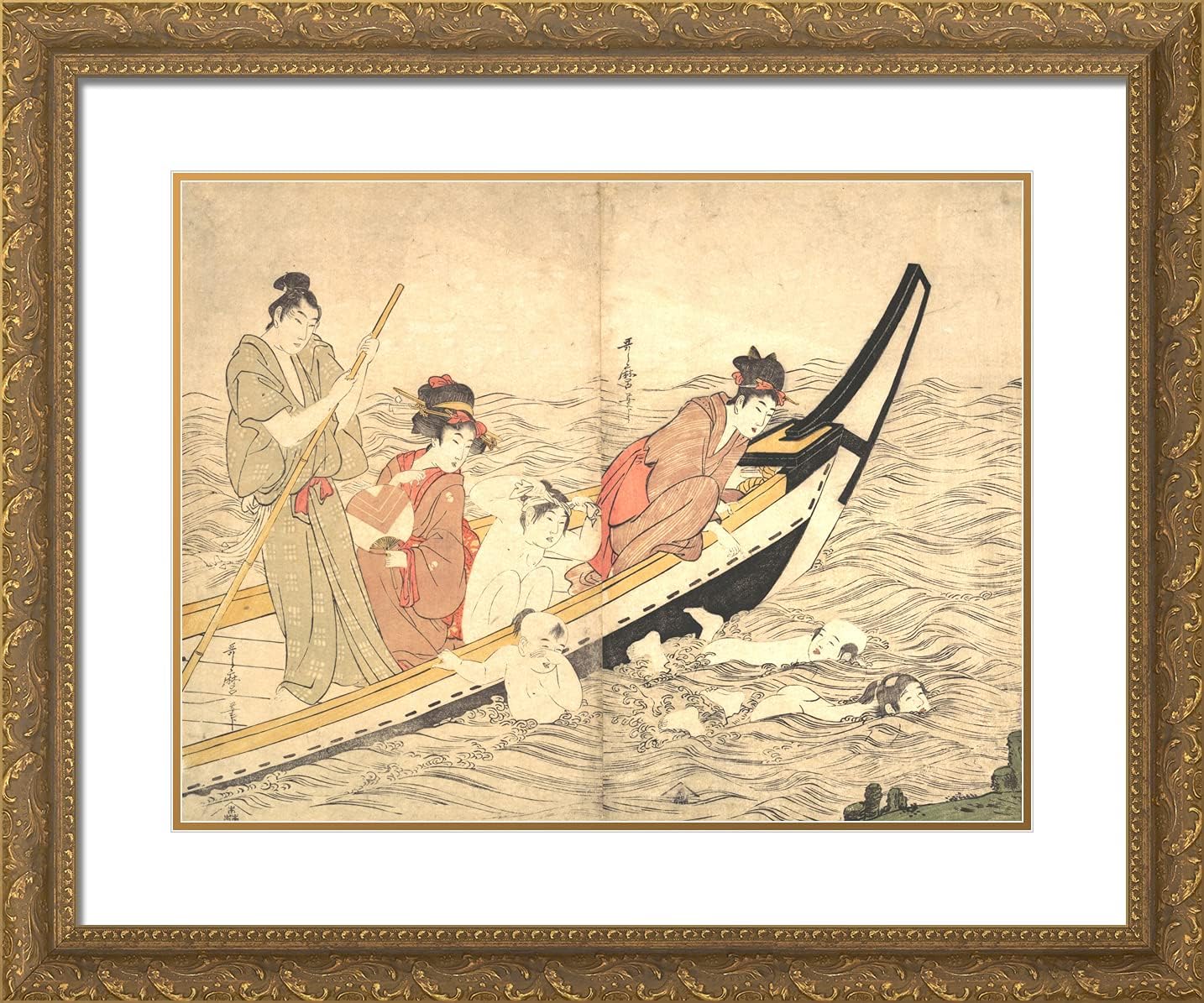 ArtDirect Utamaro, Kitagawa 24x20 Gold Ornate Framed Art Print with Double Matting Titled: Boating Party With Children Swimming