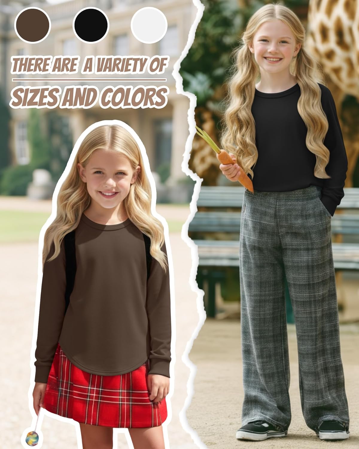 3 Pack Girls Long Sleeve Shirts Kids Crewneck Curve Hem Casual Tops Raglan Sleeve Athletic Comfy Pullover Tees - Image 3