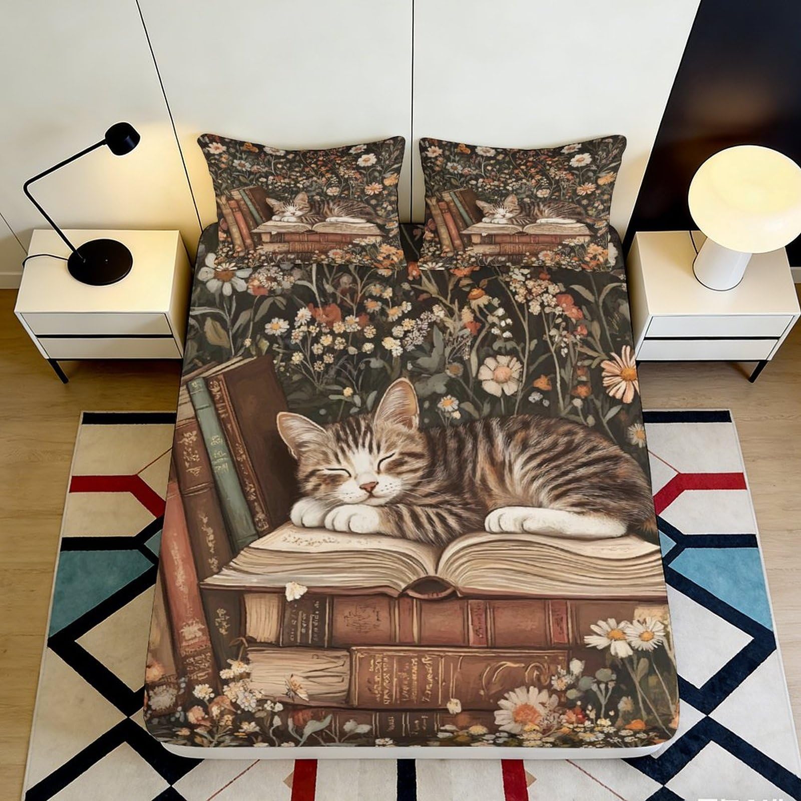 Dhbaneiok Style-9 3D Printed Cat Book Fitted Sheet Microfiber Non-Slip Floral Mattress Cover Bedroom Decor Dustproof Easy Care 90X200x25cm