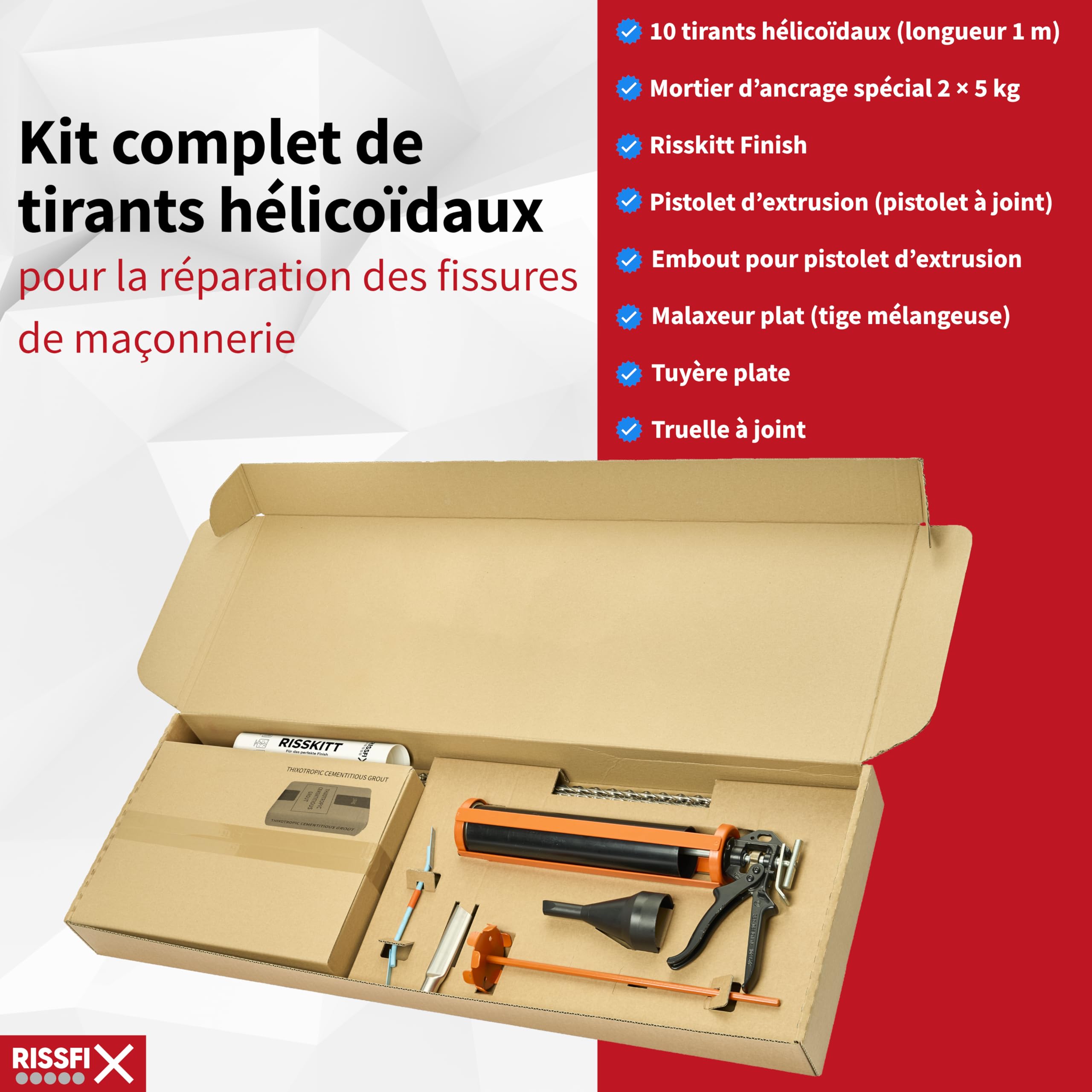 Kit réparation fissure mur – agrafes hélicoïdales (10 barres de 1 m) + mortier spécial réparation fissures + accessoires (⌀ 10 mm)