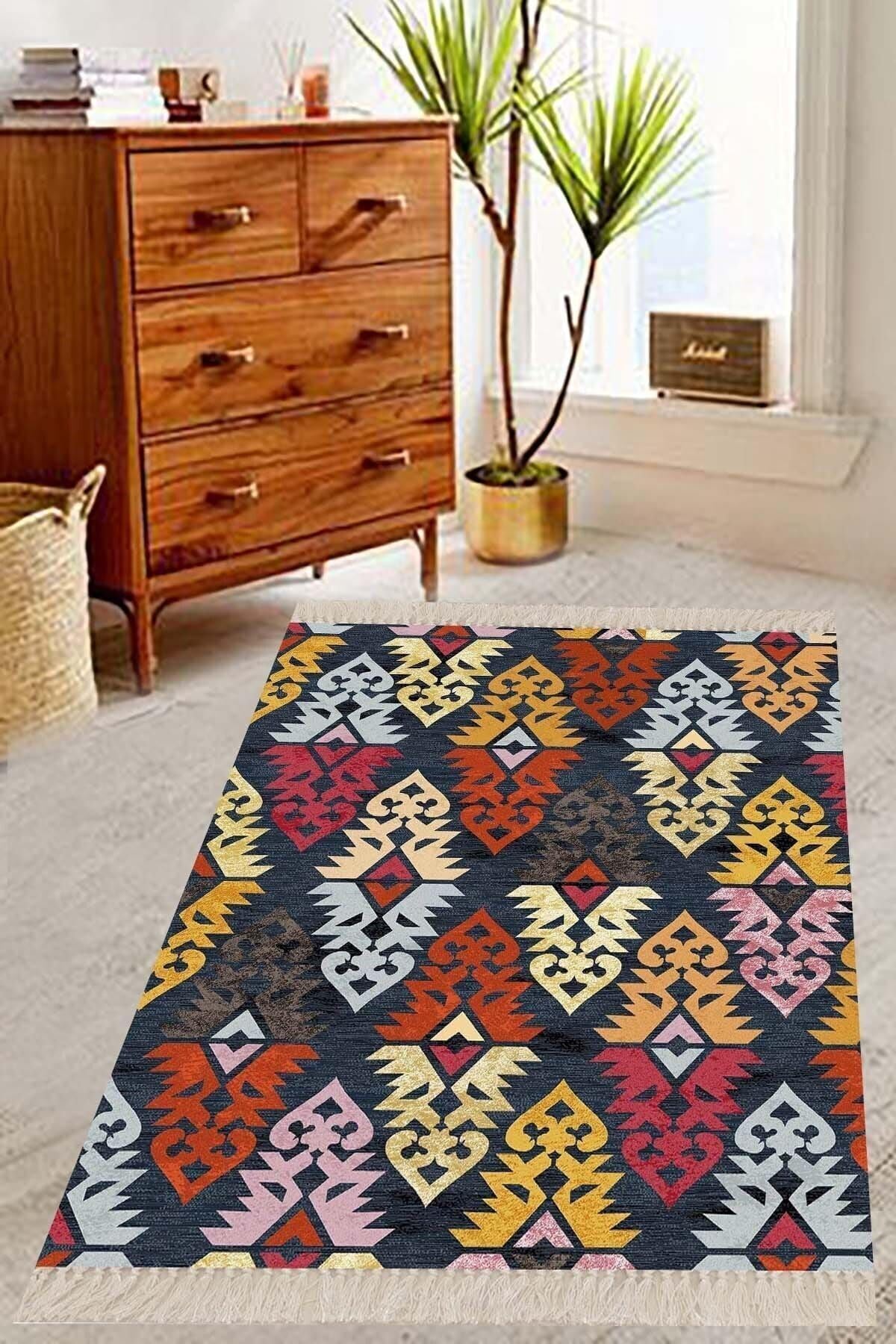 Pelangi Mavi Kilim Desenli Etnik Dijital Baskı Yıkanabilir Modern Salon Halı 80x200 cm, Mavi 120 x 180