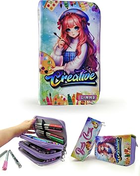 Limmy Pencil Case Painter Girl Picture Kawai Organizer Pencil Case Vegan Leather Three Compartment Pen Holder -Purple