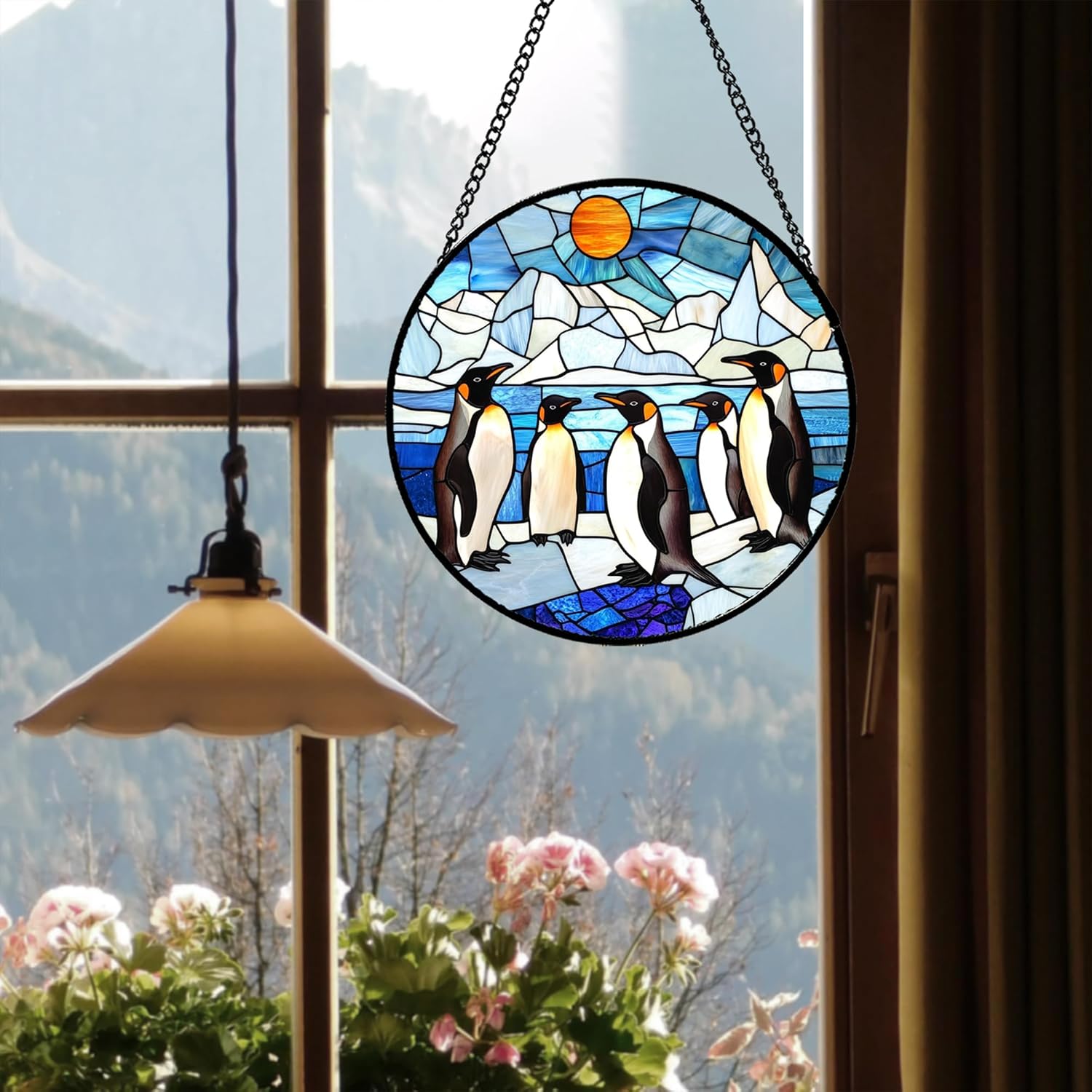 Stained Glass Window Hanging Cute Penguin Antarctic Scenery Large 15" - Suncatcher Door Garden Sunroom Sun Catcher Home Decor Birthday Christmas for Mom Men Woman Nana