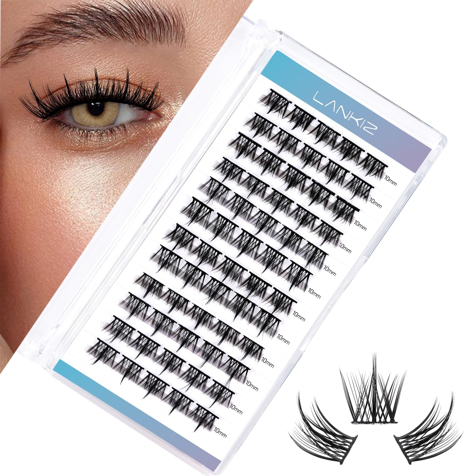 LANKIZ Lash Clusters DIY Lash Extensions Individual Lashes Natural Eyelash Clusters Extensions Soft and Lightweight Resuale Wide Band Cluster Lashes for Home Use (C02,C-10mm)