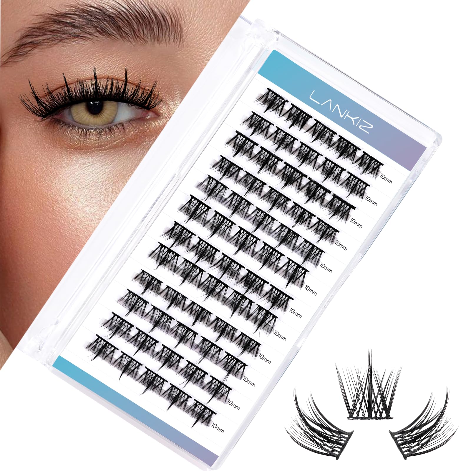 LANKIZ Lash Clusters DIY Lash Extensions Individual Lashes Natural Eyelash Clusters Extensions Soft and Lightweight Resuale Wide Band Cluster Lashes for Home Use (C02,C-10mm)