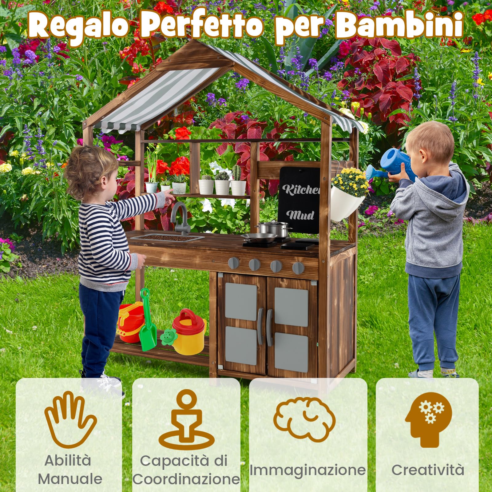 COSTWAY Set da Cucina per Bambini, Cucina da Giardino con Tettoia, Rubinetto Girevole e Lavello Rimovibile, Fornelli e Manopole Realistici, Lavagna, per Bambini 3-7 Anni