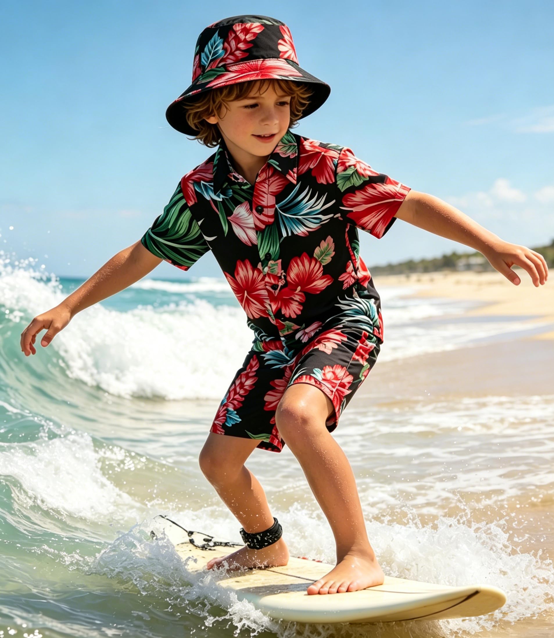 Ensemble chemise hawaïenne boutonnée à manches courtes et short avec chapeau cloche pour garçon