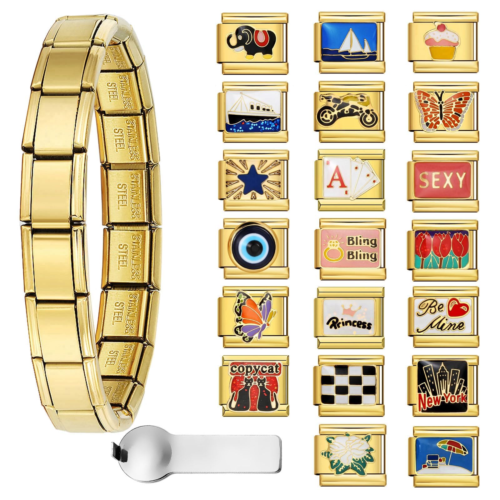 Gold Italian Charm Bracelet Sets with 1Pcs 6.75 inch Starter Brascelet, 20Pcs Charms Pack and Opening Tools, 9mm Italian Modular Charm Bracelet Link Handmade DIY Module Jewelry Gifts, 6.75