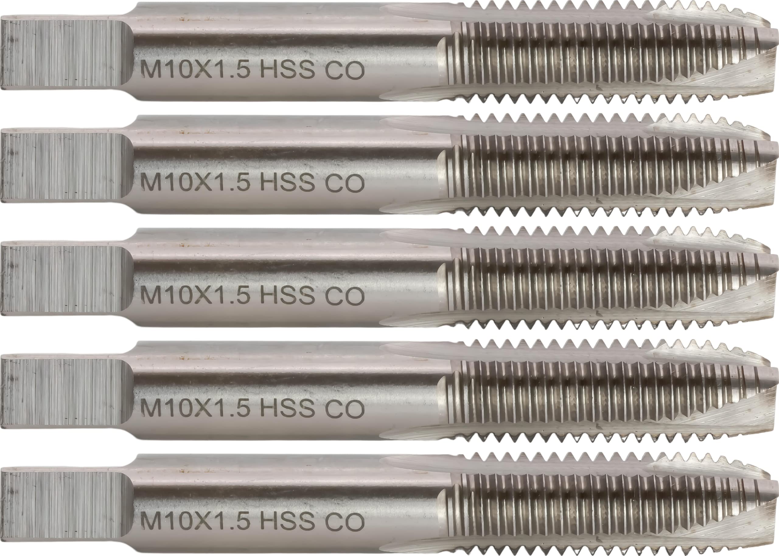 5 pcs M35 Cobalt Steel Spiral Point Threading Taps, M10 x 1.5 mm Metric, D6, 3 Flute, Bright (Uncoated) Finish