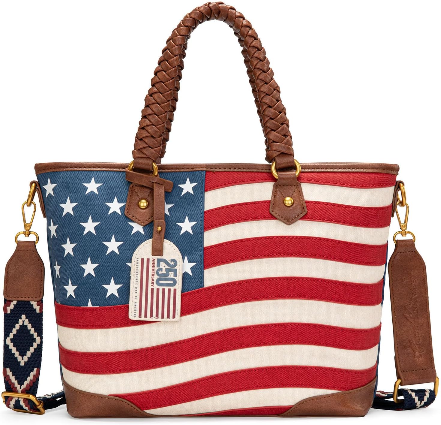 Montana West American Flag Tote Bag for Women Vintage Patriotic Western Shoulder Purse with Braided Top Handles