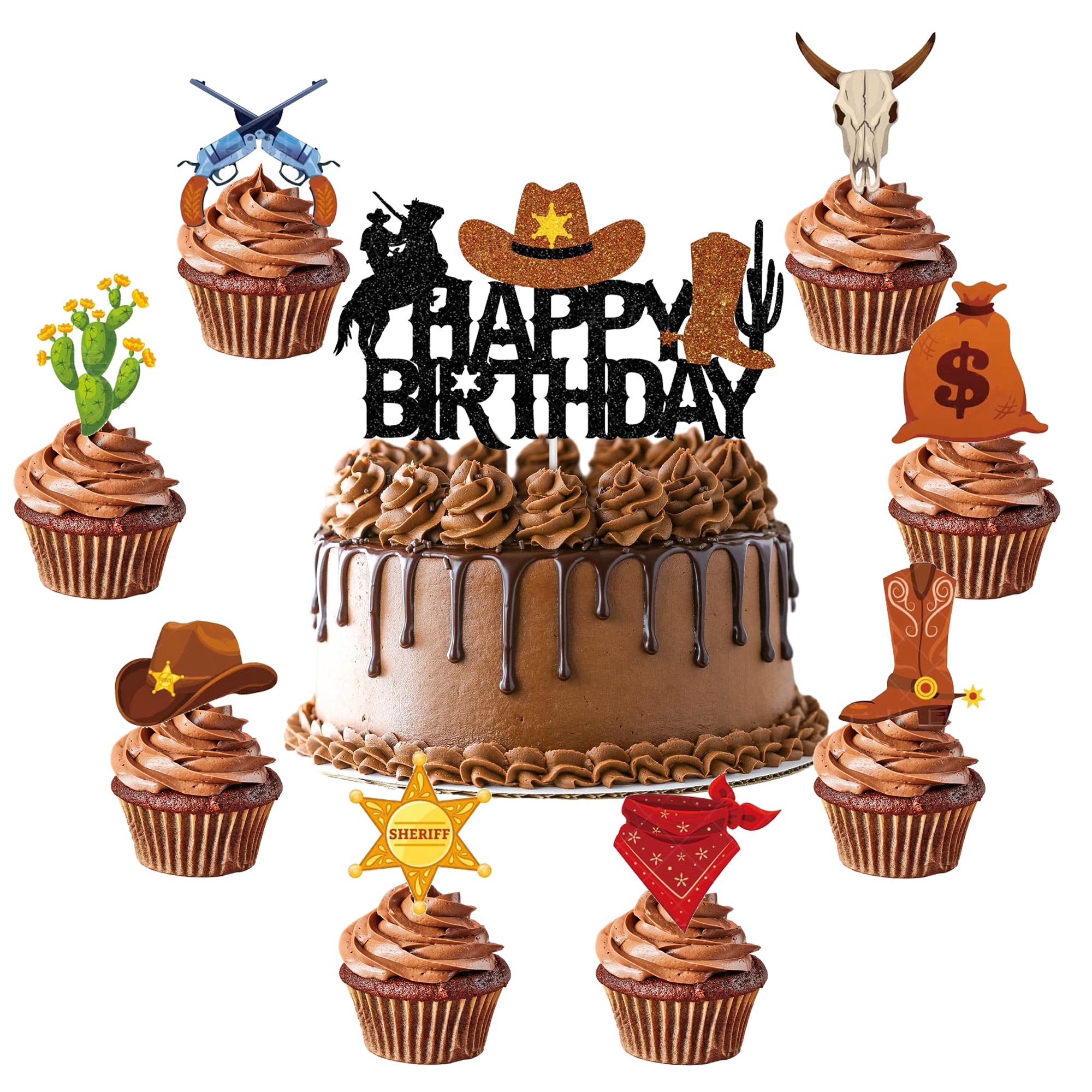 Cowboy Happy Birthday Cake Topper - 33Pcs Western Cowboy Theme Cake Decorations With Bullhead Hexagonal Badge Cowboy Hat Face Towel Boots Revolver Cupcake Toppers for Boys Baby Shower Party Supplies