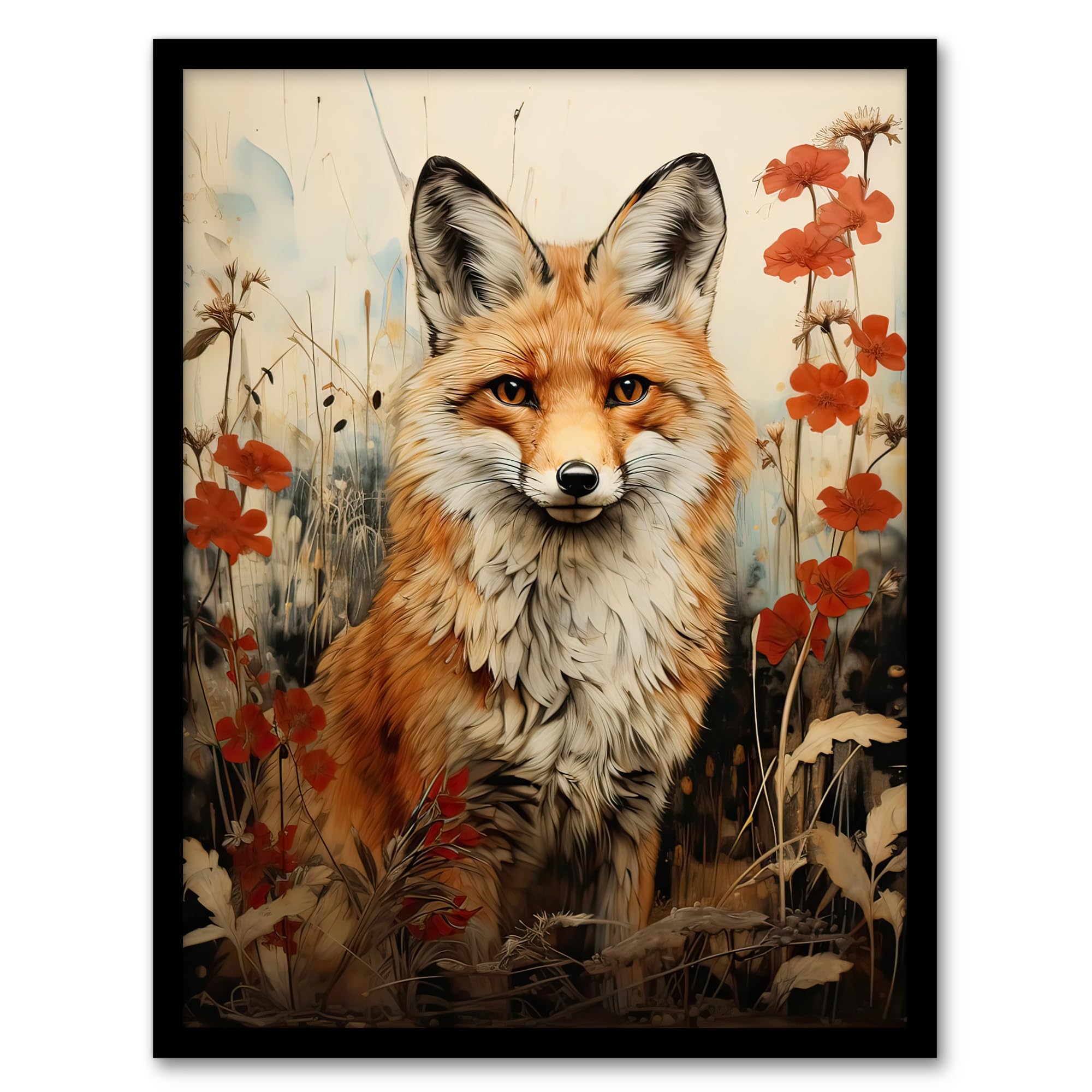 Artery8 Red Fox with Wildflowers Watercolour Painting Amber Cream Grey Woodland Creature in Autumn Field Floral Animal Portrait Artwork Framed Wall Art Print A4