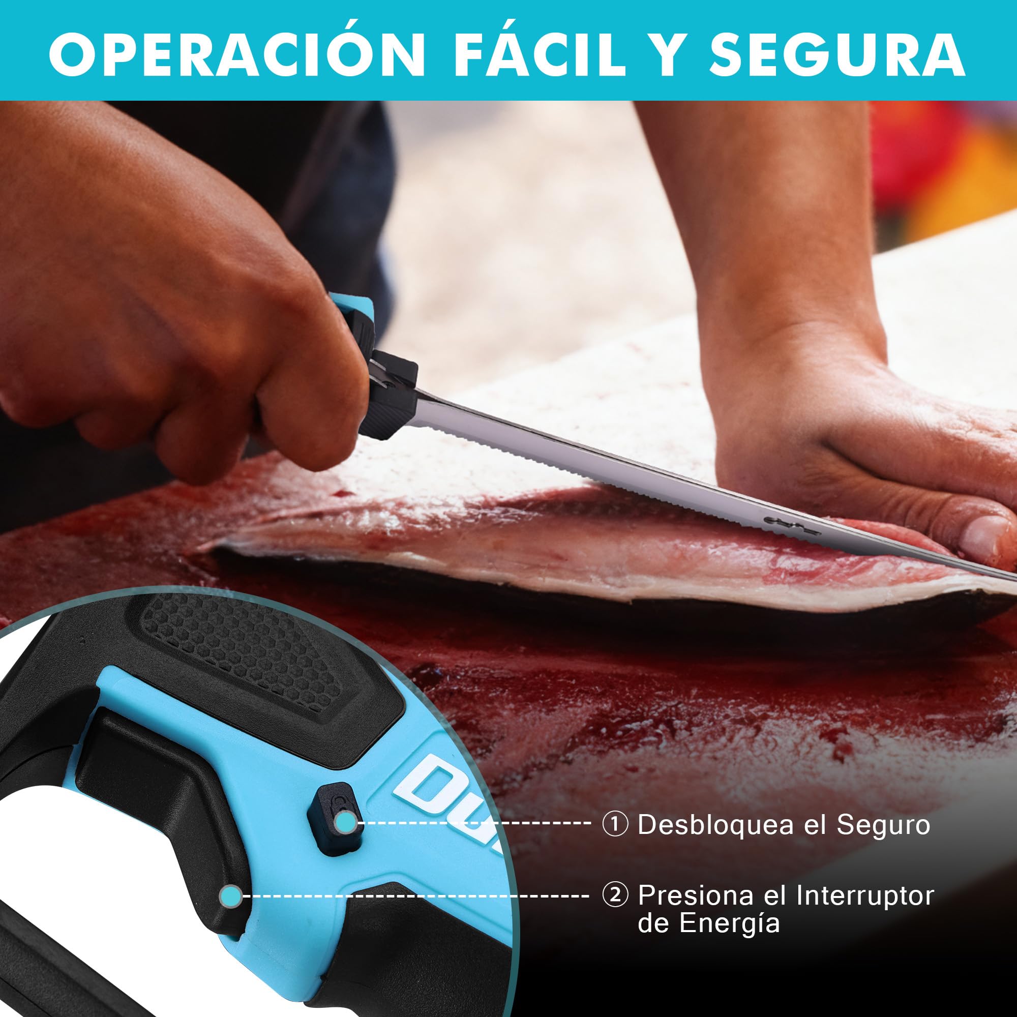 DURATECH 12V Coltello Elettrico da Cucina Senza Fili, Coltello Sfilettare Pesce con Lame da 20cm e 25cm, Batteria Integrata 2000mAh, Type-C, Blocco di Sicurezza,Ideali per Pescatori, Chef