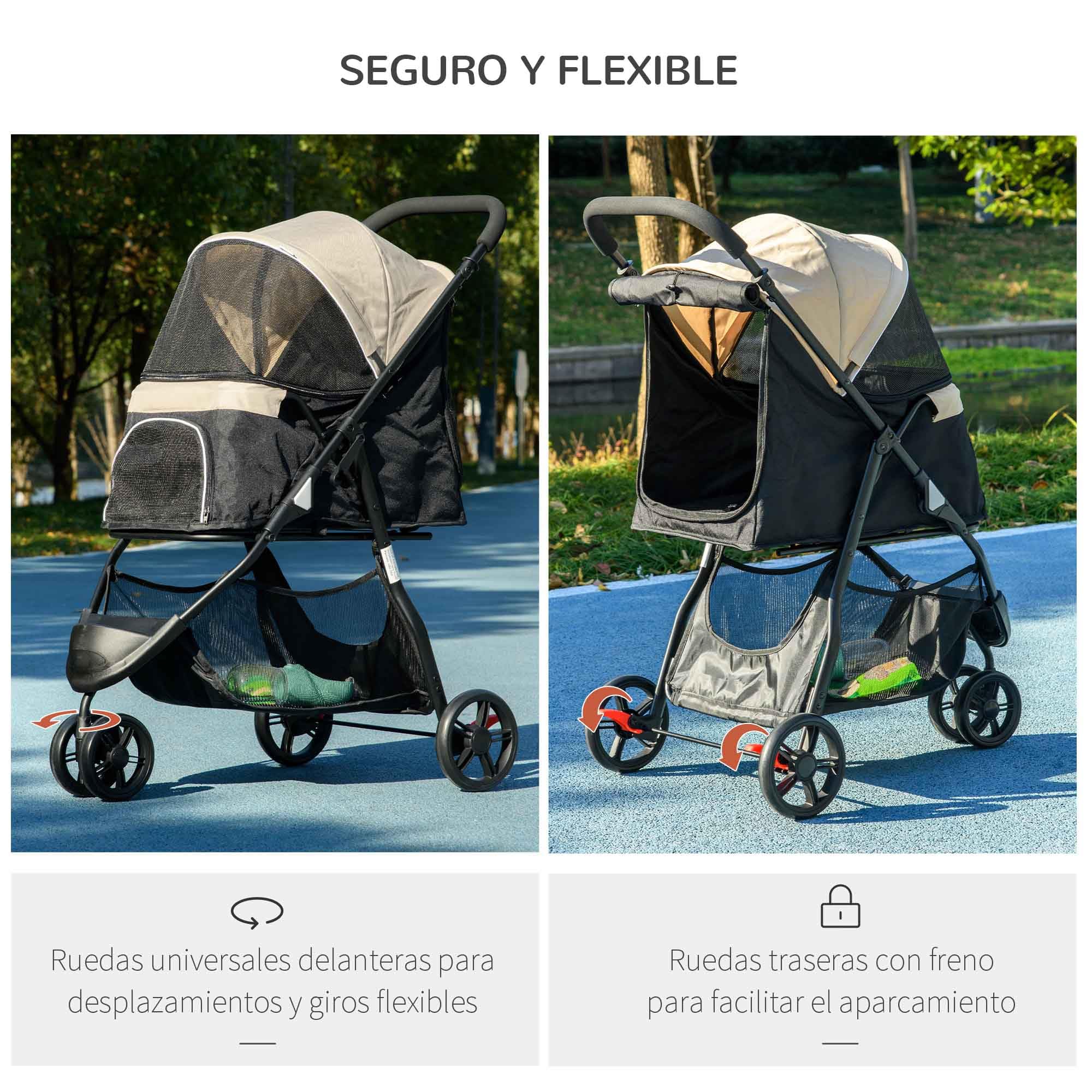 PawHut Carrito para Perros Plegable Carrito para Perros Pequeños con Cubierta para Lluvia Ventana de Malla Cesta y 2 Ruedas Universales Carga 15 kg 80,5x51,5x100 cm Caqui