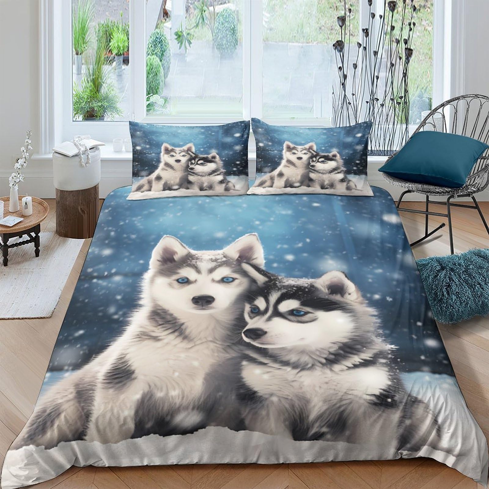 Ctjqhvkz Style-5 3D Printed Husky Winter Fitted Sheet Microfiber Soft Anti-Slip Wolf Night Mattress Cover For Bedroom Guest Room Decor Single（135X200cm）