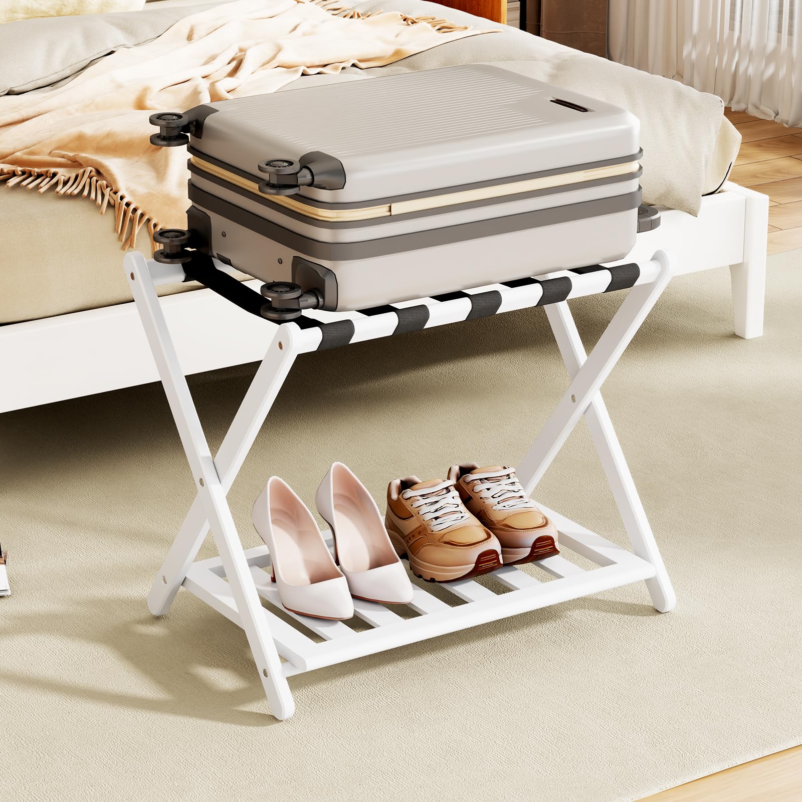 Oakvora Luggage Rack for Guest Room - 1 Pack Full Assembled Luggage Rack Stand for Suitcases, Foldable Luggage Holder with Shoe Shelf for Bedroom, Hotel, Holds Up to 165 lbs (White Suitcase Stand)