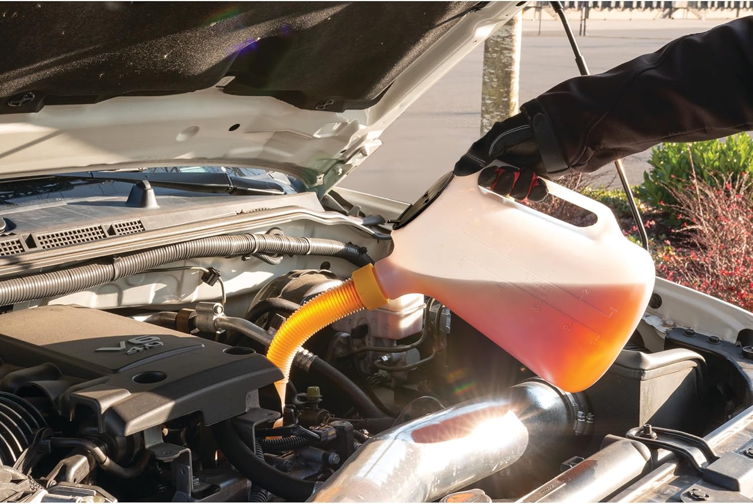Performance Tool W4046 5 Qt. Oil Jug w/Lid - Measurement Markings, Pouring Handle, Flexible Spout, Spill-Free Oil Transfer, White