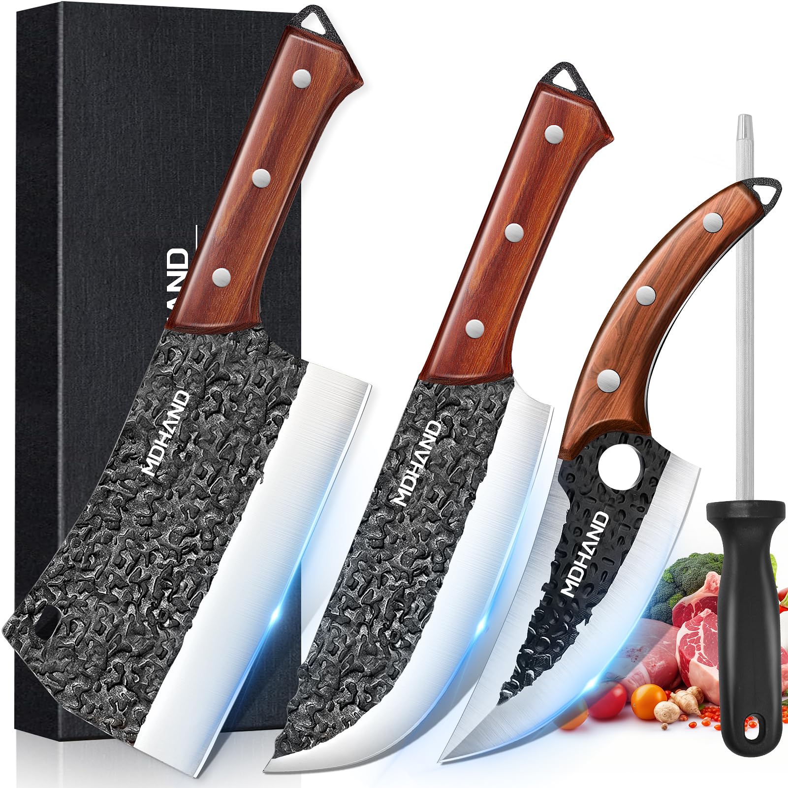MDHAND Butcher Knife Set, 4PCS Butcher Cleaver Knife Set for Meat Cutting, Hand Forged Viking Knives Sets with Meat Cleaver, Heavy-Duty Kitchen Knives Sets for Bone BBQ Vegetable, Knives Gift for Men