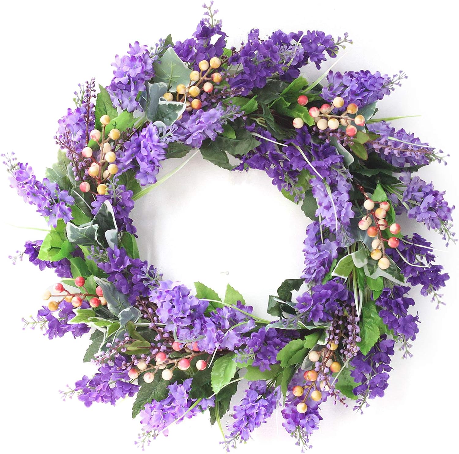 Okngr 20 Inch Artificial Lavender Wreath, Spring Wreath Purple Elegant Lavender Floral Wreath with Berries Front Door Artificial Wreath Decorative Flower Wreaths for Home Window Wall Decoration