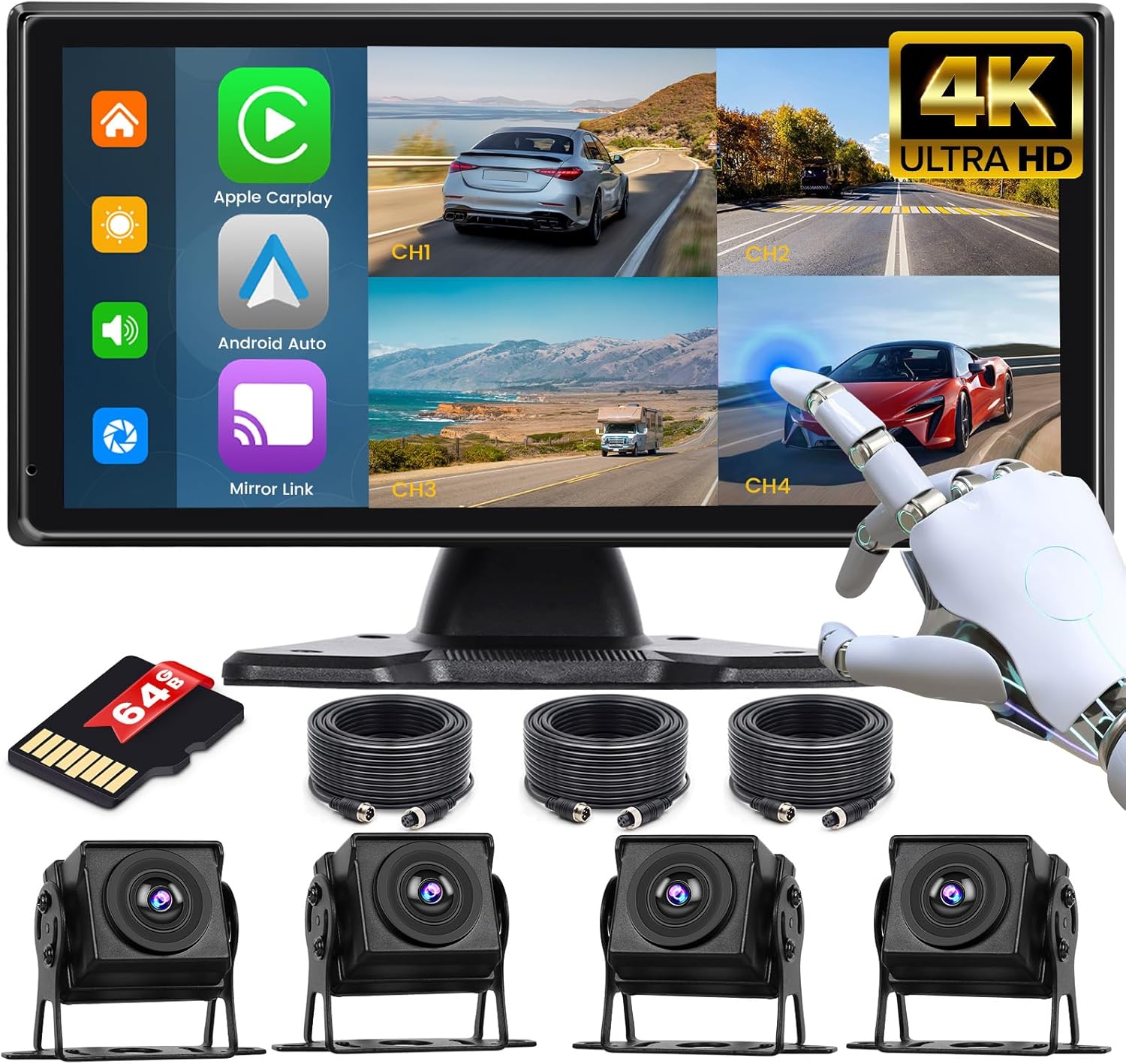 4K RV Backup Camera System with Wireless CarPlay Android Auto, 10.36″ Quad Split Touch Screen Monitor with 4 AHD Rear View Camera, DVR Loop Recording IP68 Waterproof Night Vision