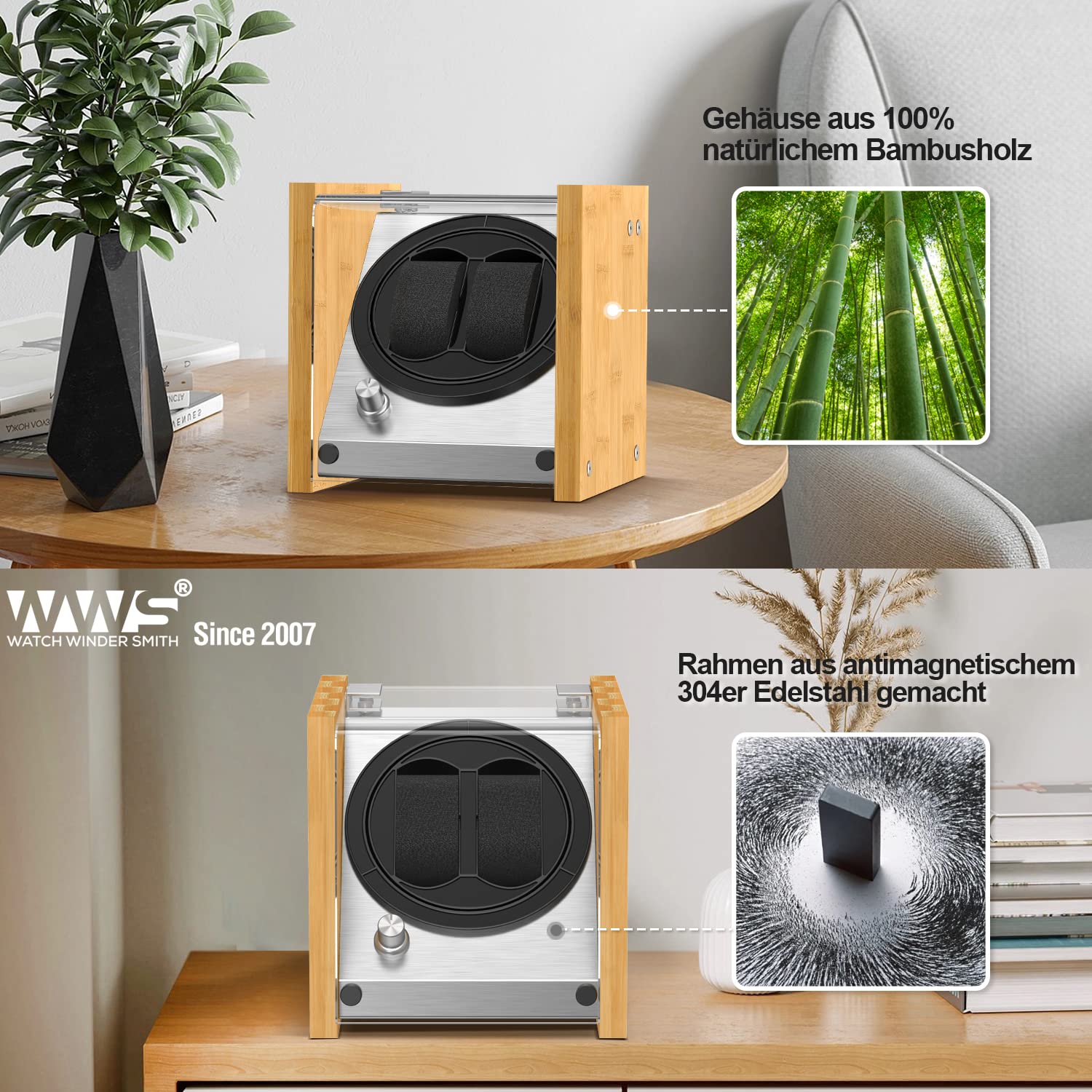 Watch Winder Smith Uhrenbeweger für 2 Uhren – Automatischer Uhrendreher mit 4 Laufmodi, leisem Japan-Motor & wahlweiser AC-/DC-Stromversorgung