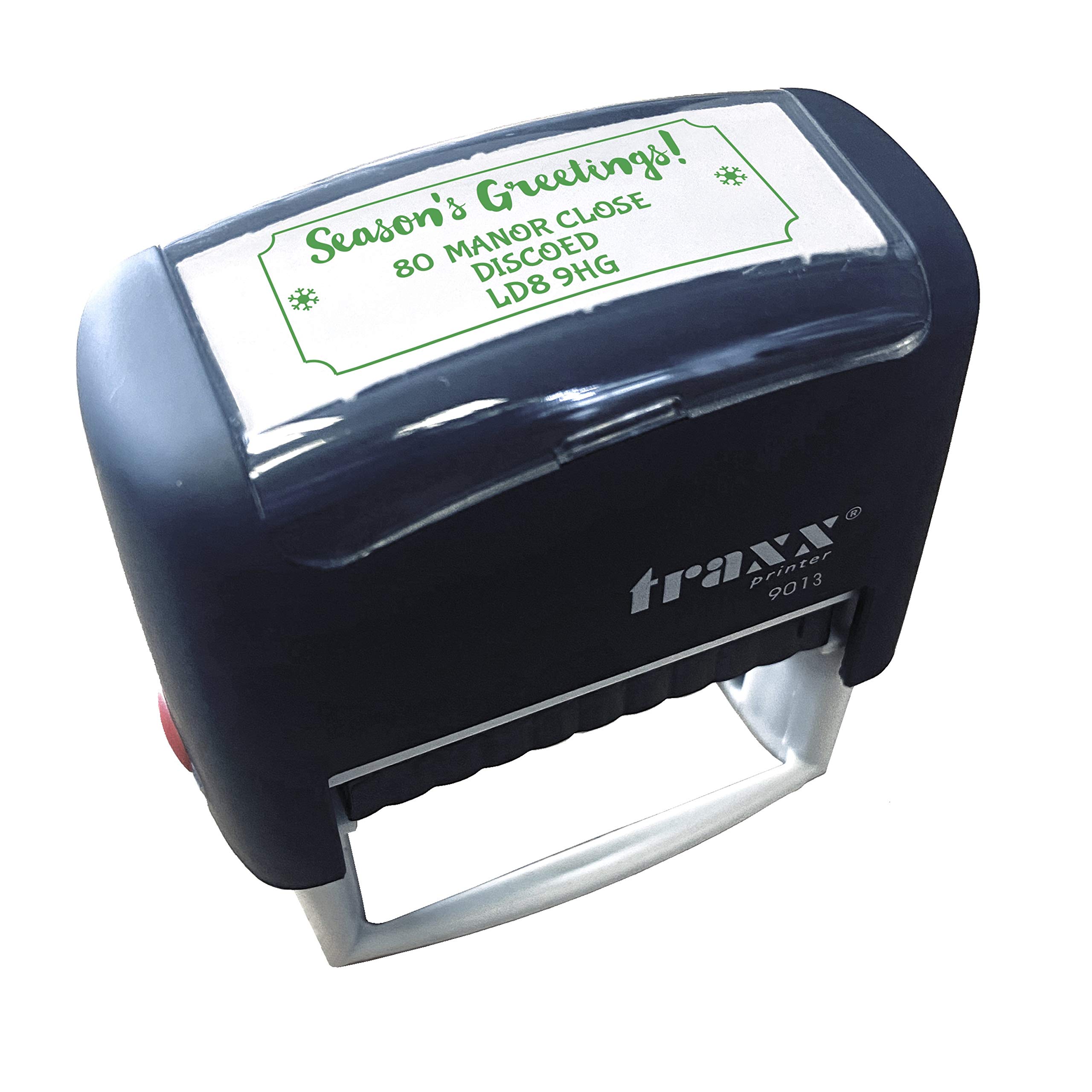 Traxx 9013 Personalised Christmas Self Inking Rubber Stamp - Seasons Greetings with 3 Lines of Customised Text in Green Ink