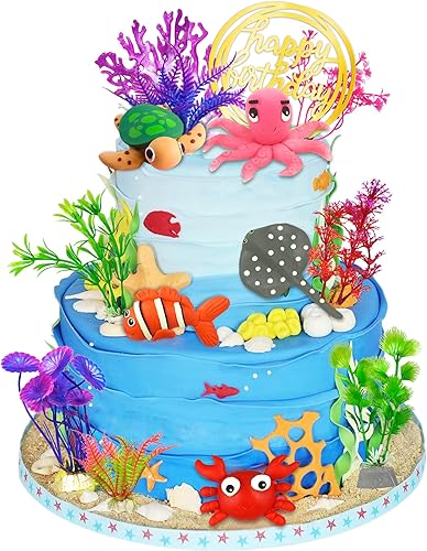 16 decoraciones para tartas del océano marino bajo el mar, animales del océano, decoraciones de pastel de cumpleaños para temática de mar y océano,