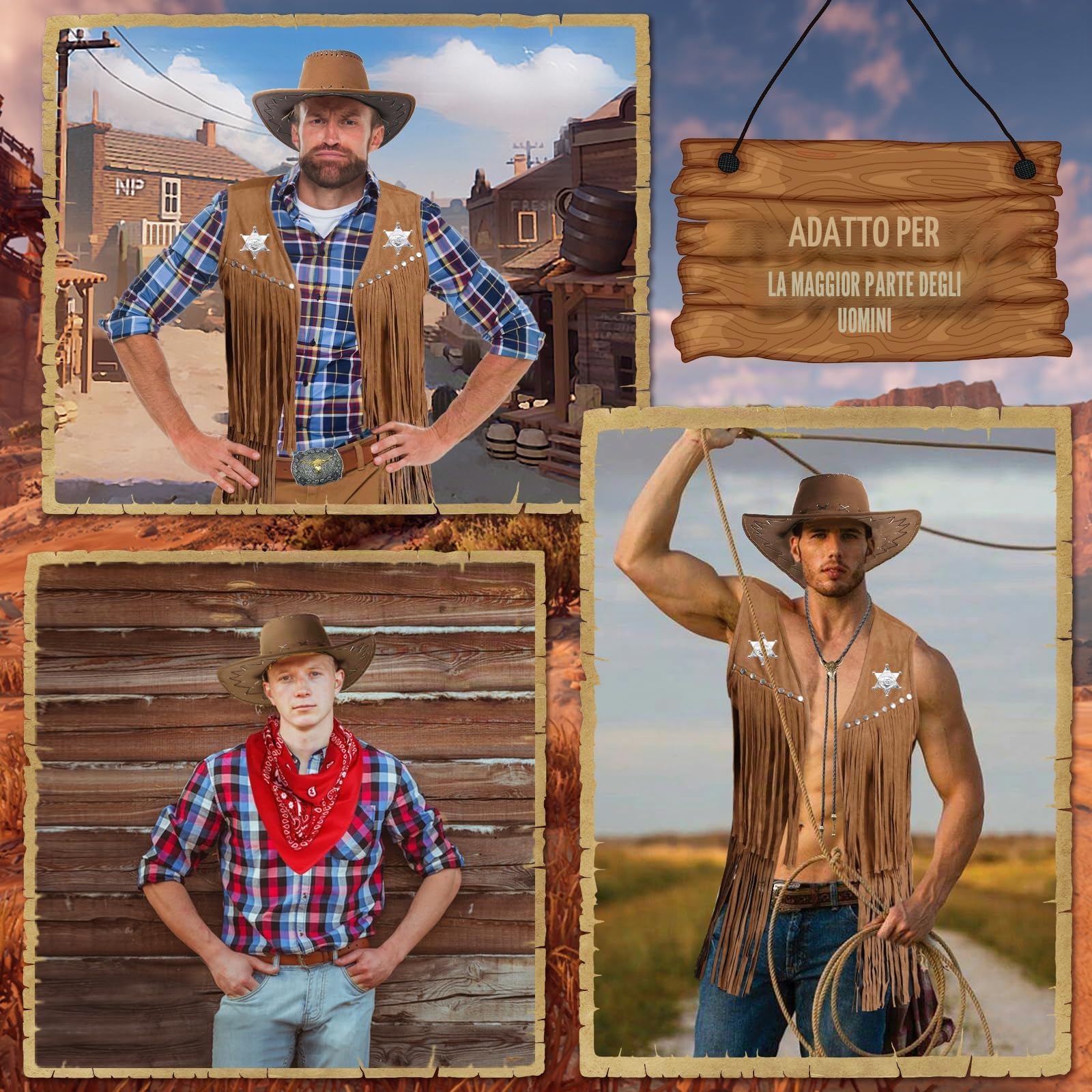 Set di 9 accessori per costume da cowboy da uomo, per cowboy occidentale, per cosplay, con cappello, giubbotto nappa bandana fondina cintura bolo, fibbia cravatta collana sceriffo distintivo per