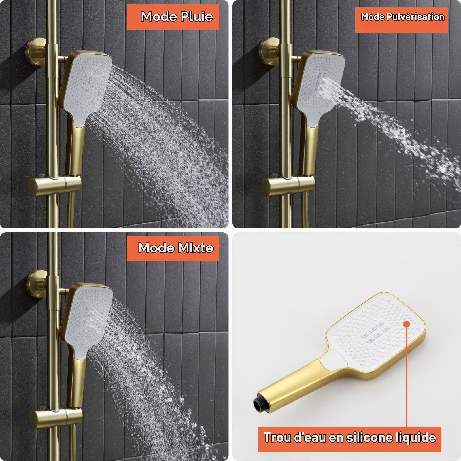 Colonne de Douche Thermostatique Dorée Brossé, 4 Touches du Piano Systèmes de Douche avec Affichage Numérique LED, 30x20cm Ensemble de Douche, avec Robinet de Bain, 59A Laiton, Réglable Hauteur