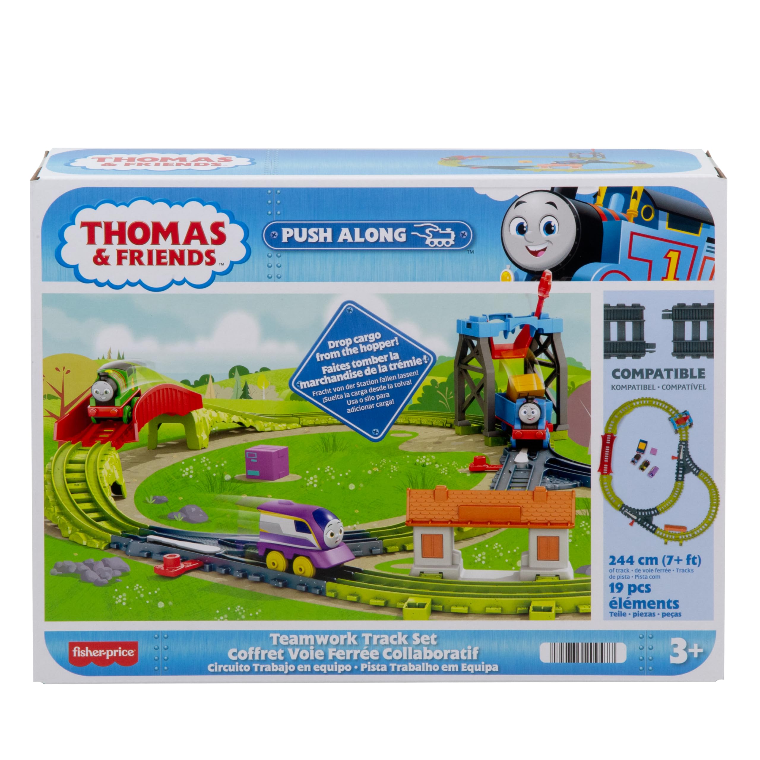 Thomas & Friends - Il Trenino Thomas - Pista Lavoro di Squadra, playset lungo 1,80m con leve degli scambi e di carico/scarico, include 3 locomotive a spinta Thomas, Percy e Kana, 3+ anni, HXV61