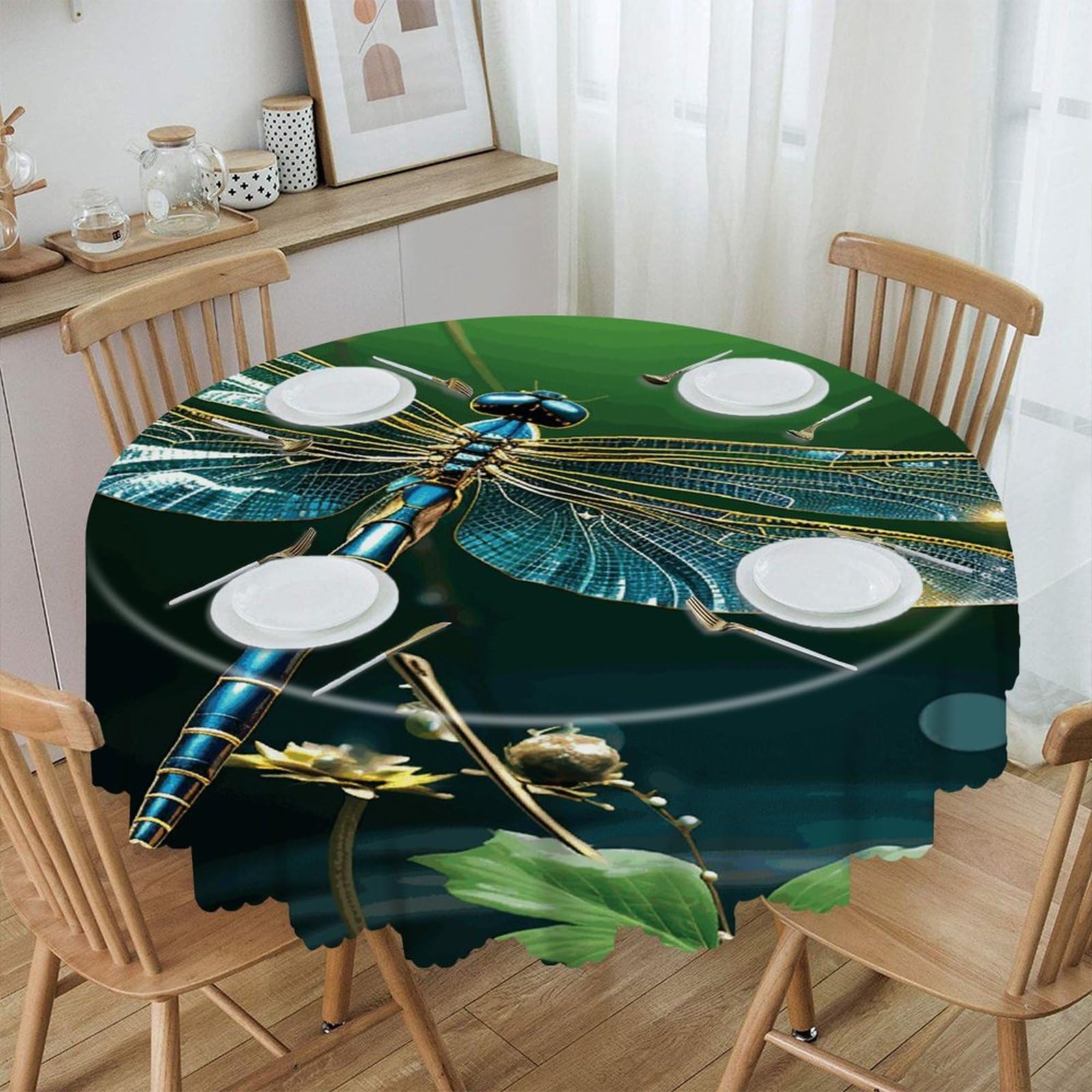 VstaDank Dragonfly Green Round Tablecloth Premium Polyester Table Cloth Heavy Duty Washable Fabric Tablecloth Waterproof Holiday Table Cover Decorative Tablecloths for Dining 60"