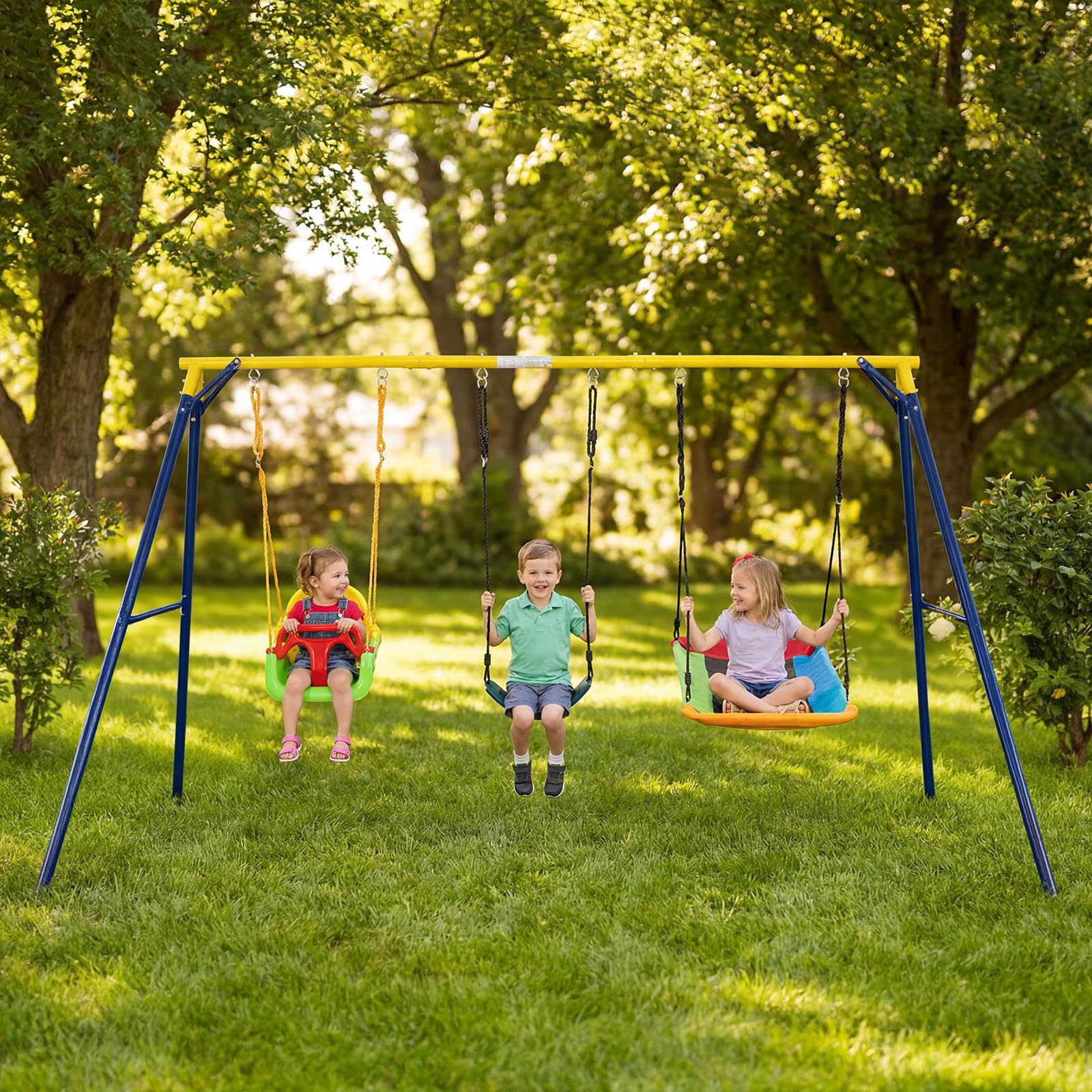 COSTWAY Columpio Jardín Exterior, Juego 3 en 1 de Columpio Infantil, Estructura De Metal, Columpio con Cinturón/Plataforma, 1 Asiento De Columpio Ajustable, 350 x 182 x 195 cm, Carga 300kg (3 en 1-2)