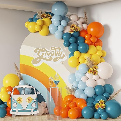 Here Comes The Son Groovy Flower Theme - Kit de arco de guirnalda de globos con globos naranjas, amarillos, azules, arena, blancos para baby shower,