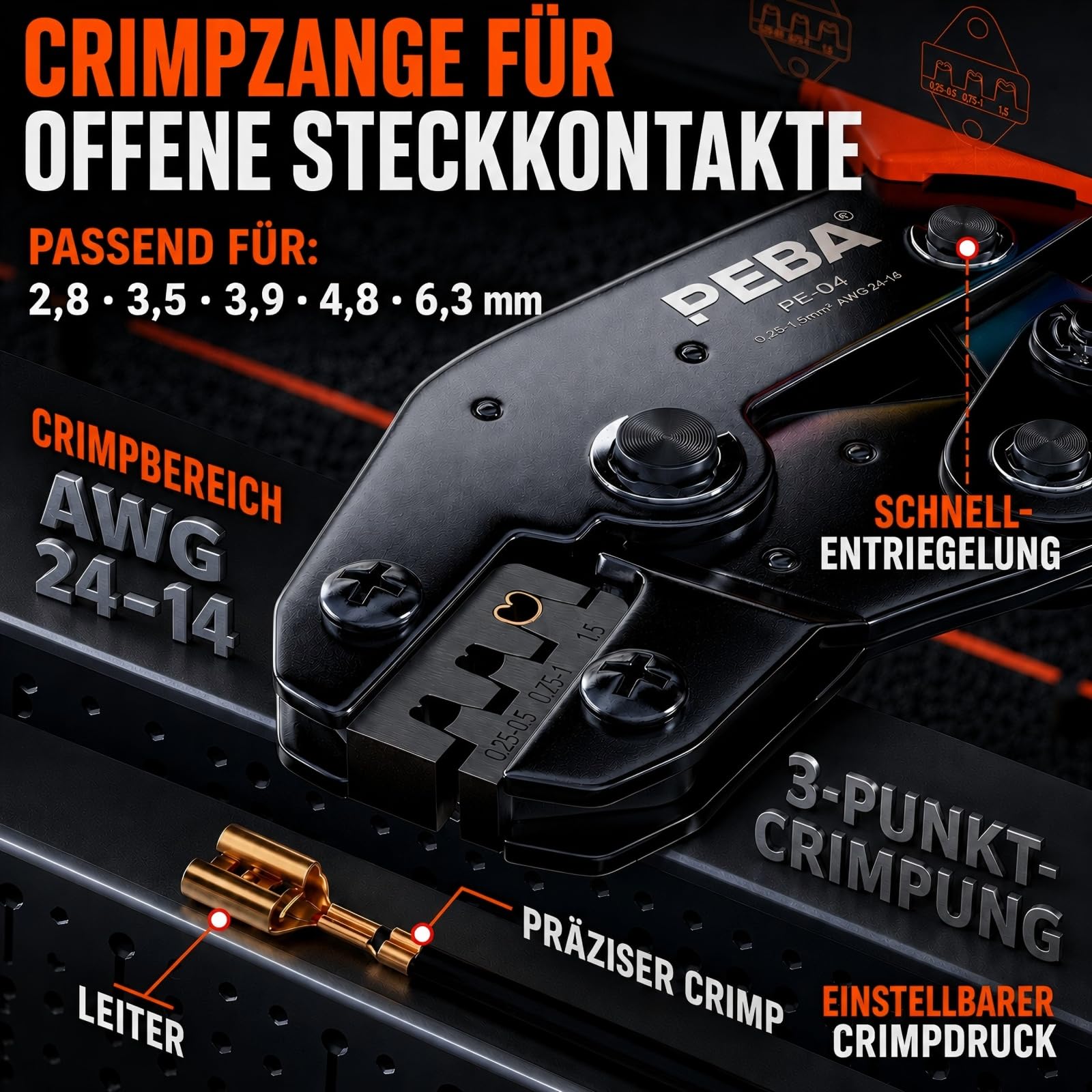 PEBA Crimpzange Flachsteckhülsen Set, 20 Arten 2,8/3,9/4,8/6,3mm Flachsteckhülsen, Crimpzangen für 0,25-2,5mm² Flachsteckhülsen/kabelschuhe Flachstecker, mit Abisolierzange, Flachsteckhülsenzange