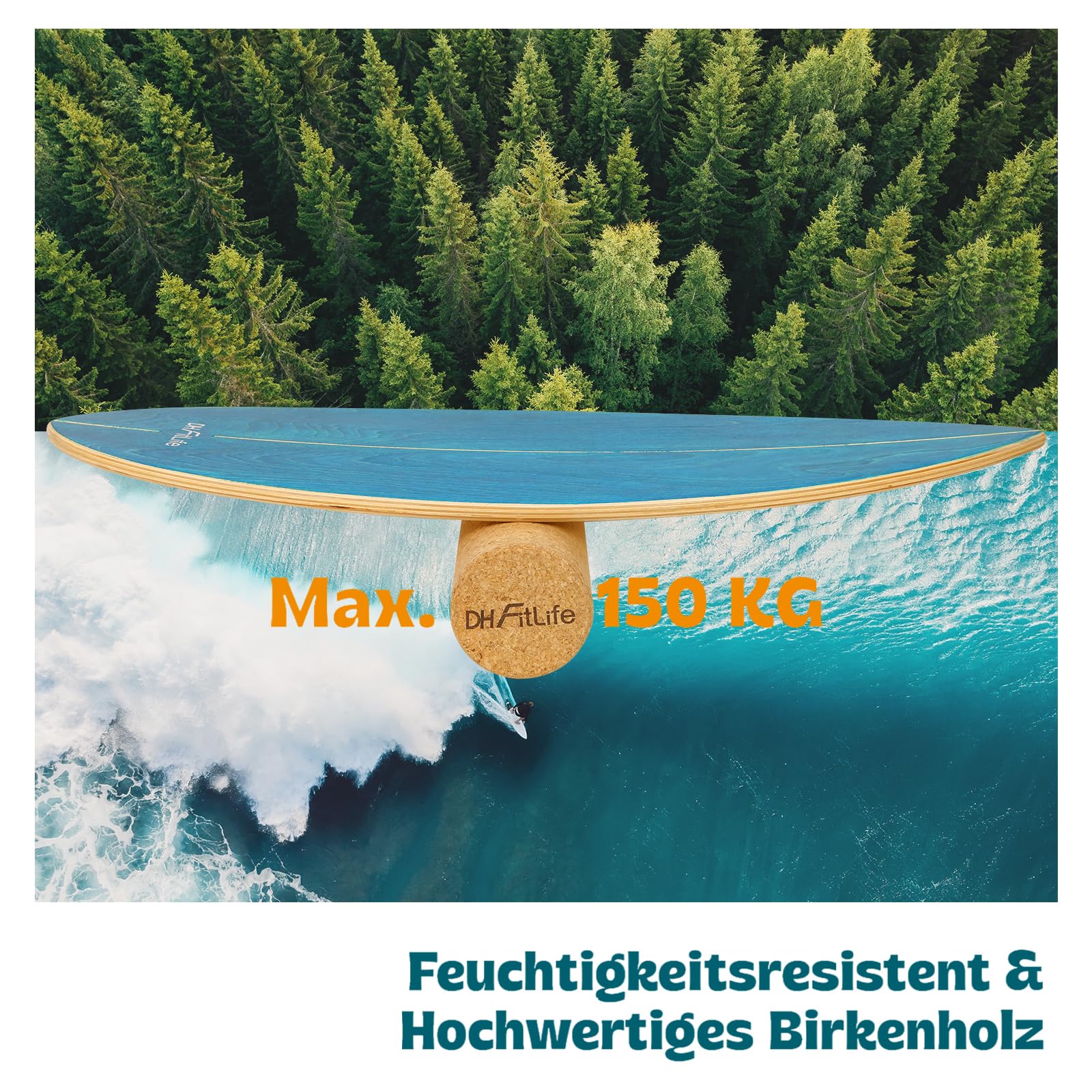 DH FitLife Surfbrett Kit Surfing Balance Board aus Echtholz | Indoor Surfboard mit Rocker Shape | Wackelbrett für Erwachsene | Spaß & Training Zuhause