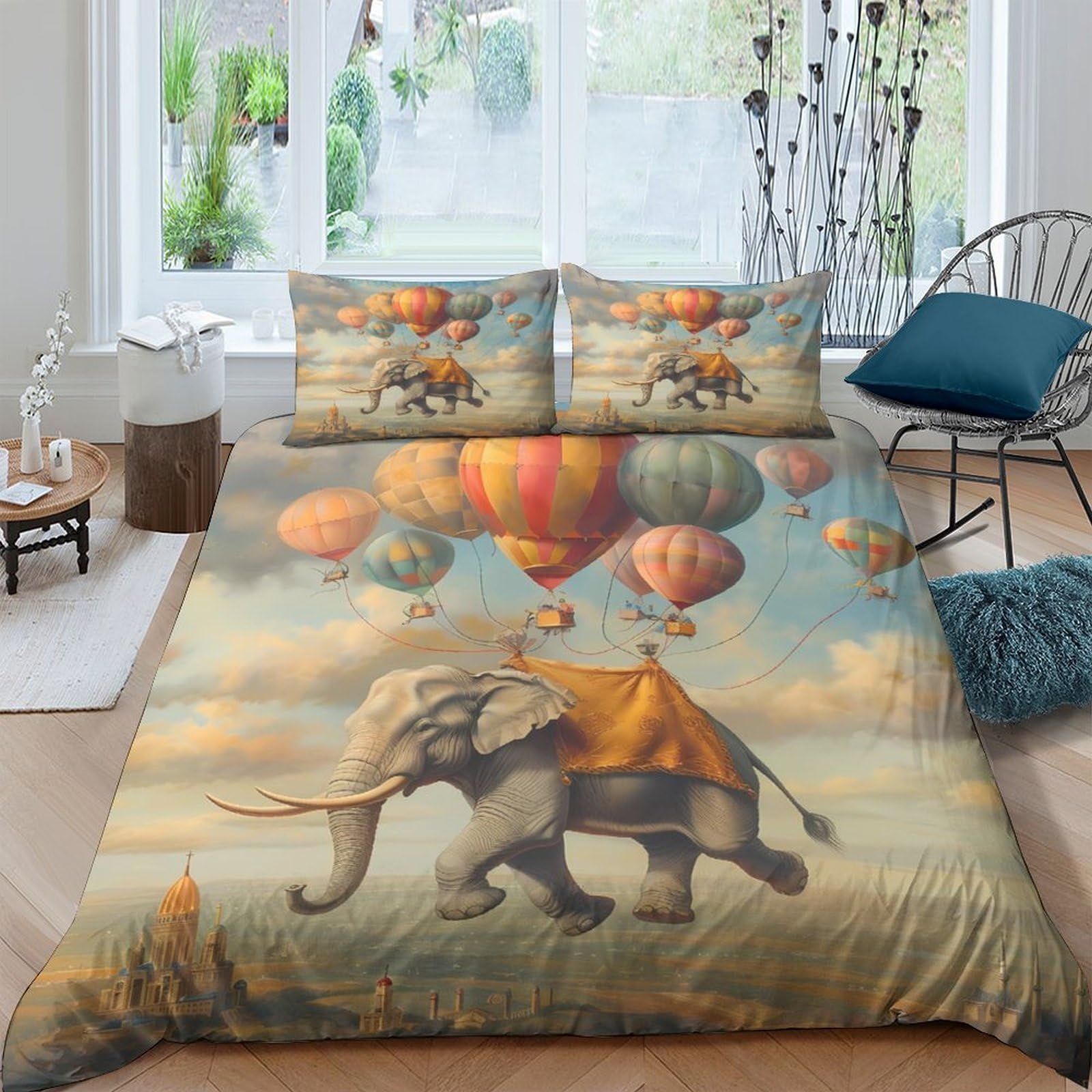 Ctjqhvkz Style-8 3D Printed Elephant Hot Air Balloon Fitted Sheet Microfiber Soft Non-Slip Bed Cover For Bedroom Dorm Decor Single（135X200cm）
