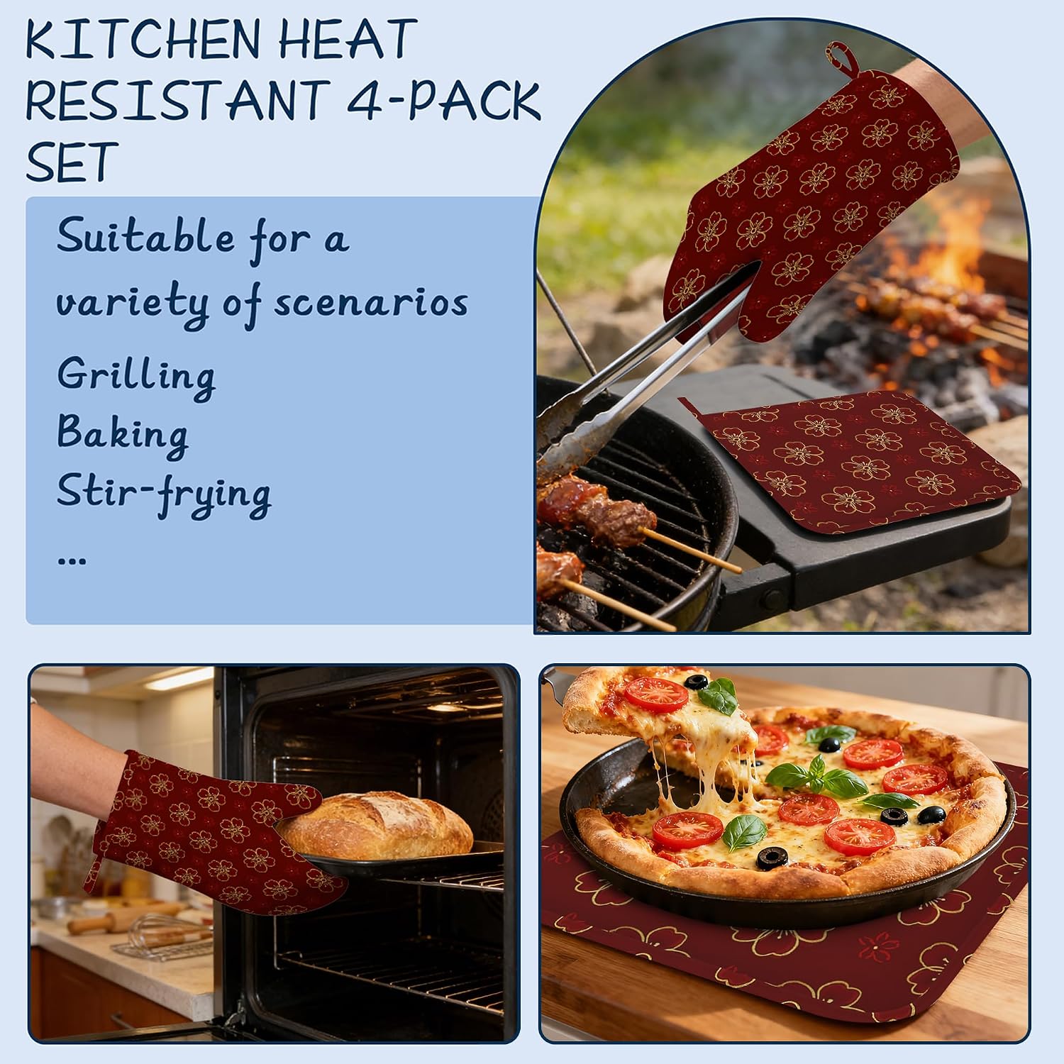Gold Cherry Blossoms Oven Mitts and Pot Holders Sets,Extra Long Red Flowers Kitchen Mittens for Cooking,Thick Cotton Heat Resistant Silicone Cooking Utensils Set for Baking Cooking Grilling
