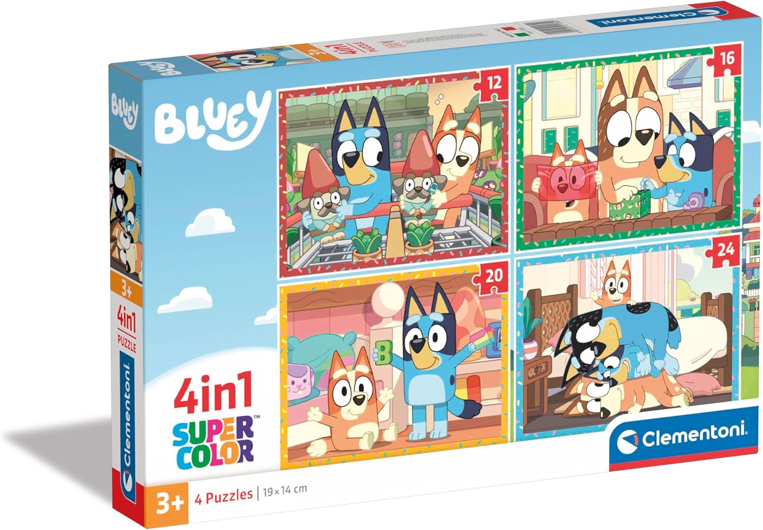 Clementoni Supercolor Bluey-4 12,16,20 and 24 Pieces Children 3 Years, Cartoon Jigsaw Puzzles, Made in Italy, Multicoloured, 21530