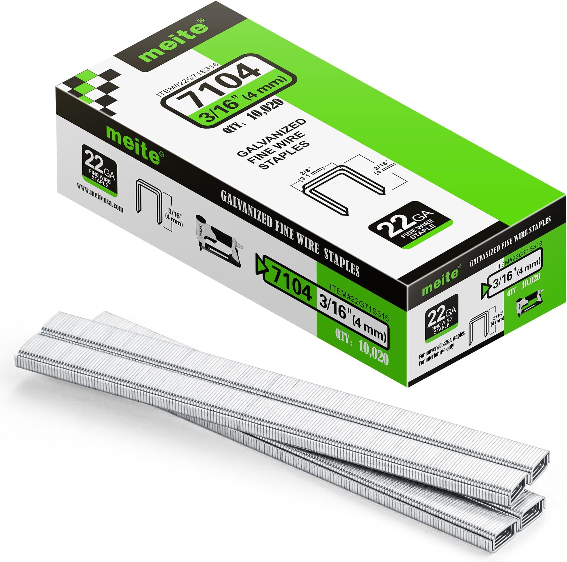 meite 22G71S316 22 Guage 71 Series 3/8-Inch Crown or C-Crown 3/16-Inch Leg Length Galvanized Fine Wire Staples (100,20 pcs/box) (1 Box Pack)