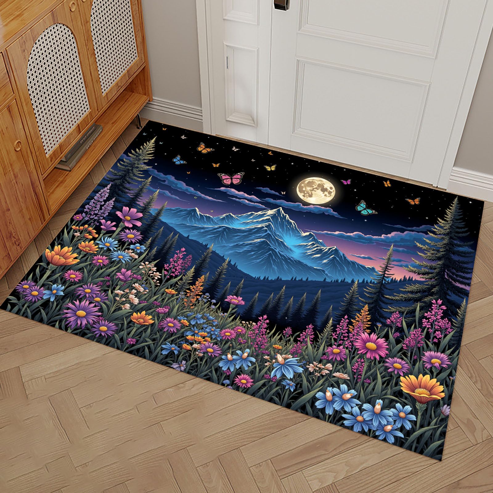 Tapis de sol absorbant forêt et montagne bleu pour sublimer votre hall d'entrée