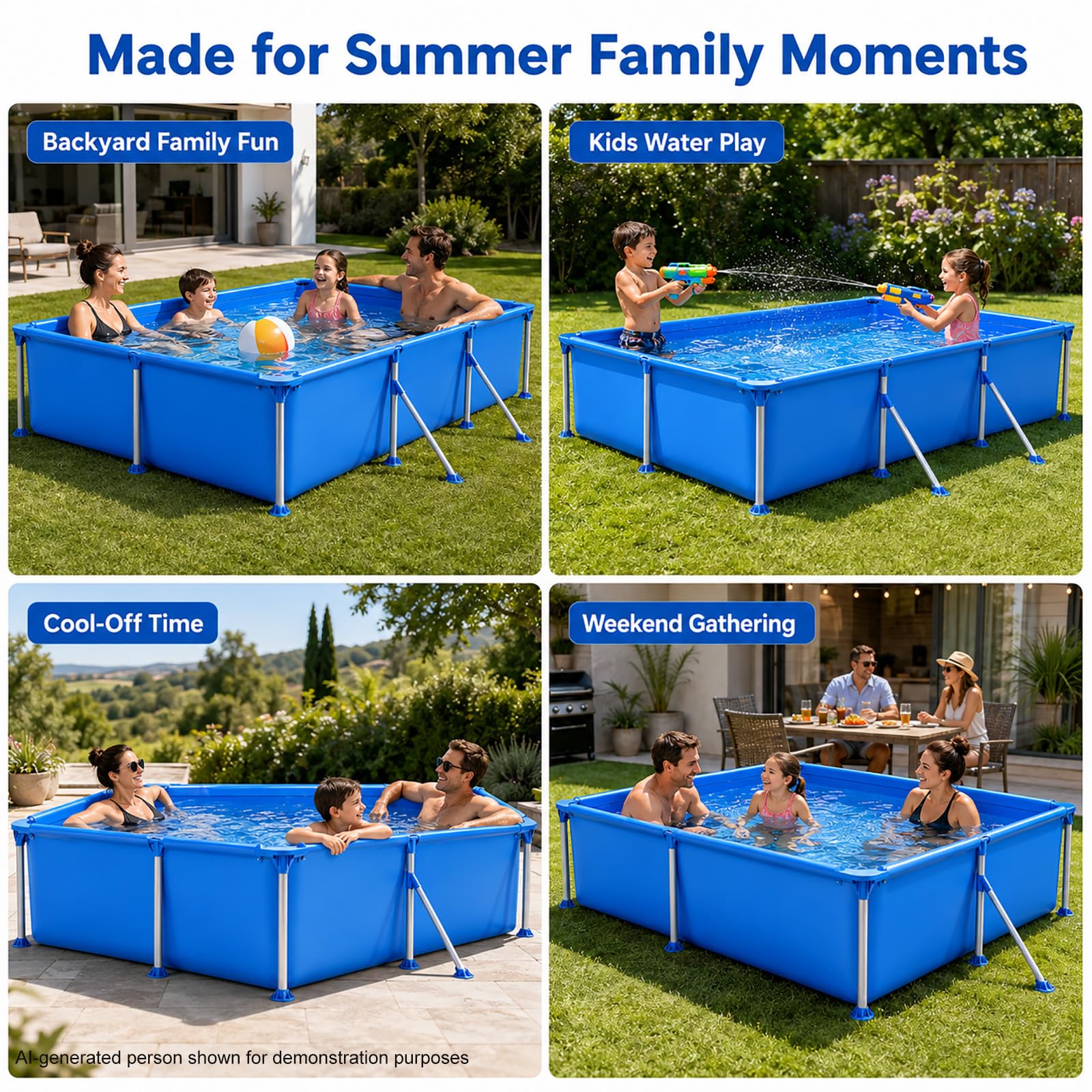 Piscina con Telaio Familiare da Giardino, Fuori Terra Rettangolare | Piscina Esterna Stabile Facile da Montare per Bambini e Adulti Estate(300*207*66cm)