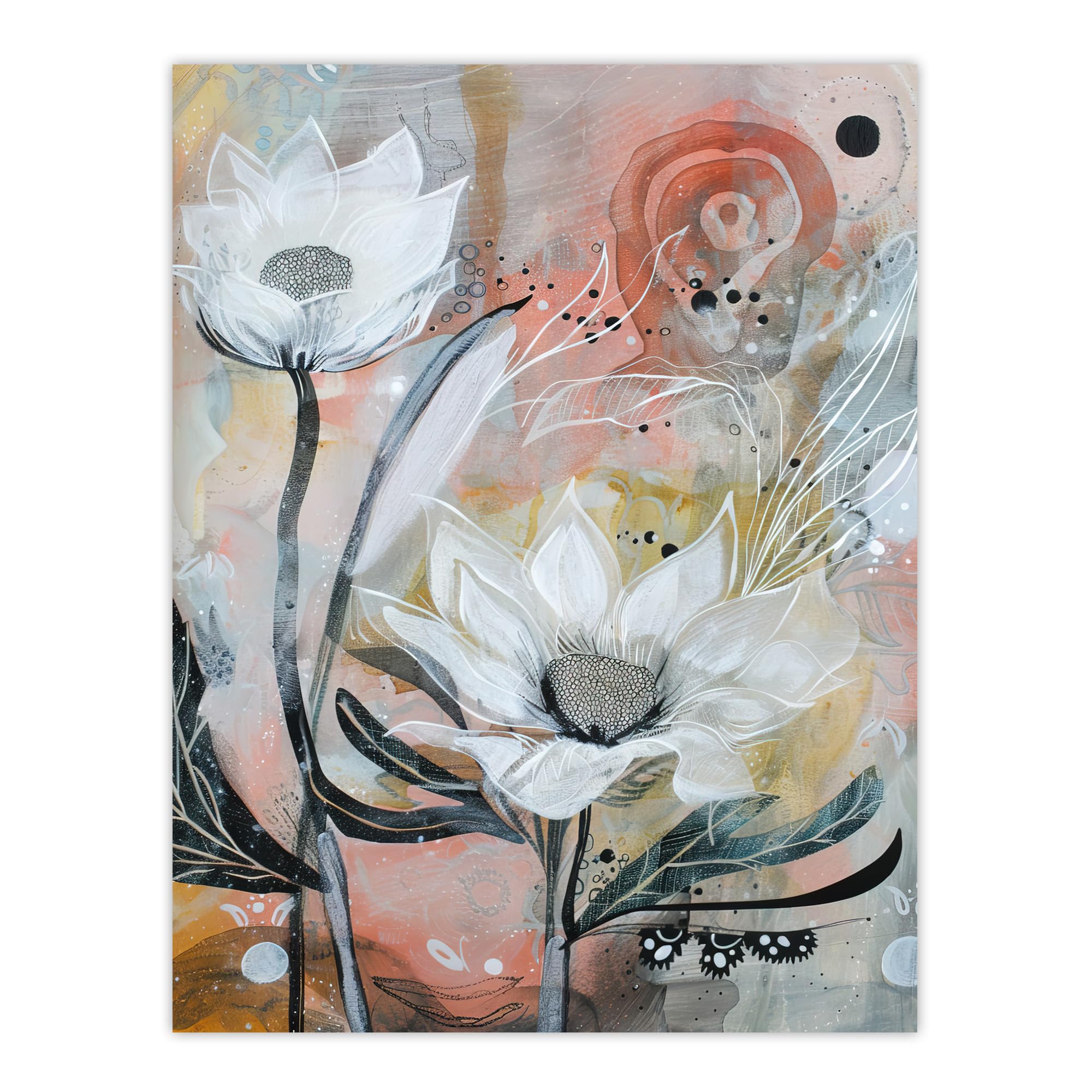 Italian White Sunflowers Bloom Abstract Painting Wall Art Print - Artery8 - W24 inch x H32 inch