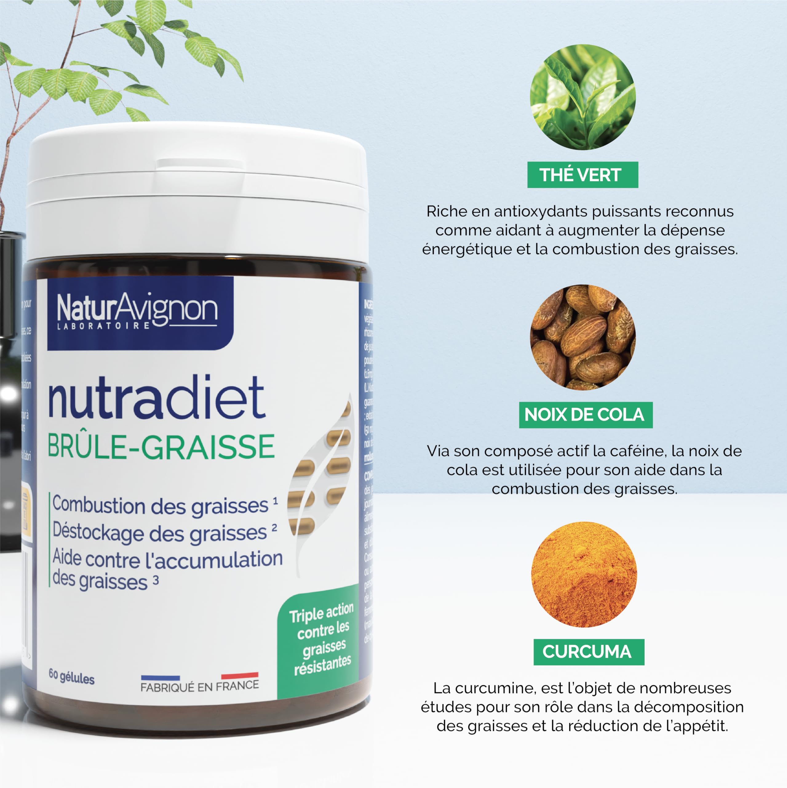 NaturAvignon Nutradiet Bruleur de graisse puissant | curcuma thé vert noix de cola | perte de poids rapide et efficace | coupe faim Minceur Perte de Poids rapidement | 60 gélules minceur