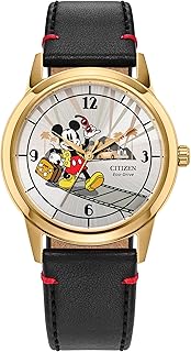 Men's Eco-Drive Disney Mickey Mouse Watch, Black Leather Strap, Silver-Tone Dial (Model: FE7063-07W)