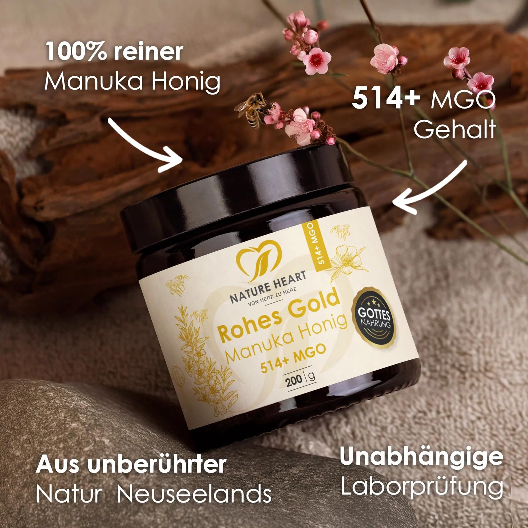 Nature Heart 3x Manuka Honig MGO 514+ | 100% Neuseeland | Roher Manuka Honig | 100% rein ohne Zusatzstoffe | Unabhängig geprüft | Abgefüllt in Deutschland