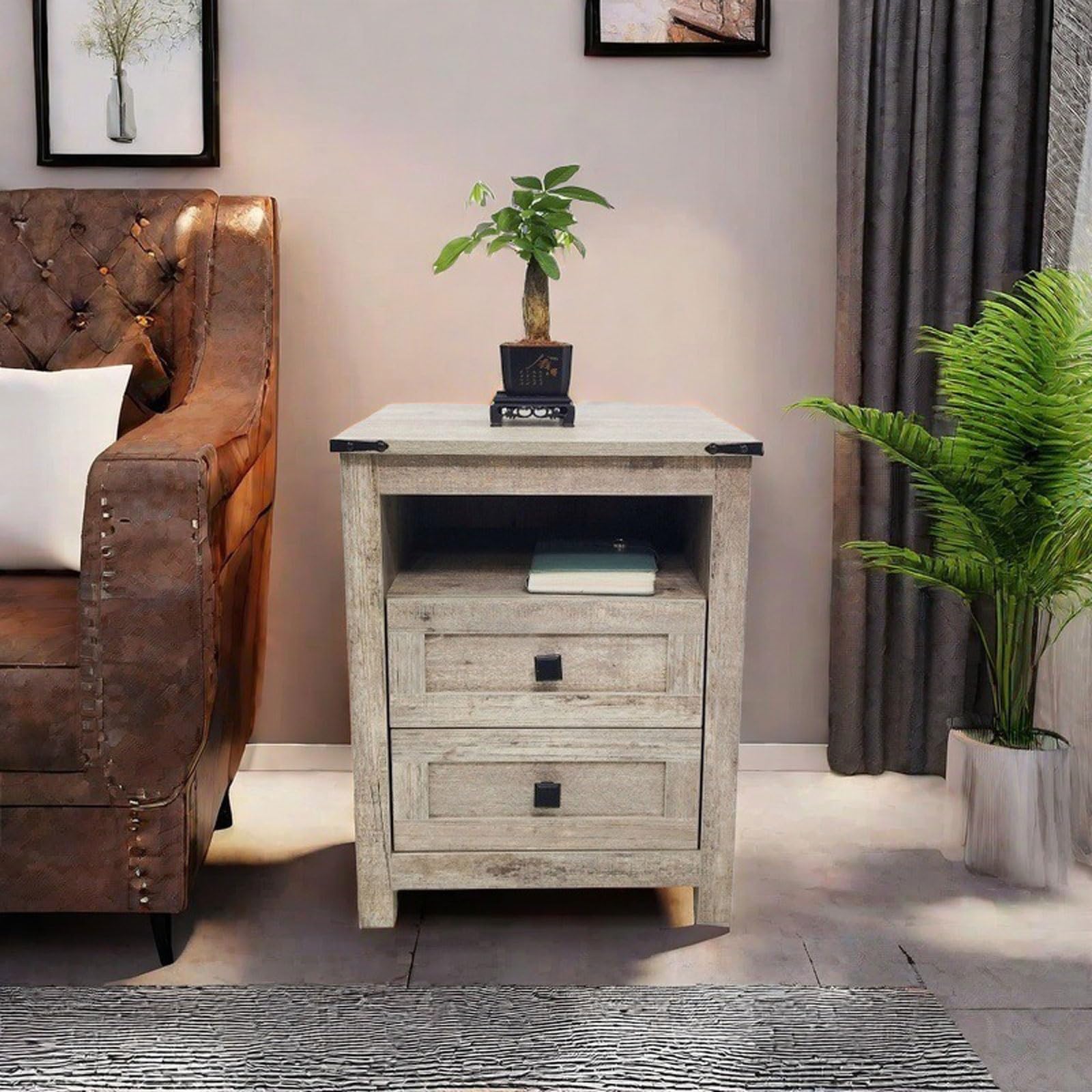 TABOJS Table de Chevet en Bois avec Prise USB 2 tiroirs Compartiment de Rangement Ouvert, adaptée à la Chambre à Coucher, au Bureau au Salon