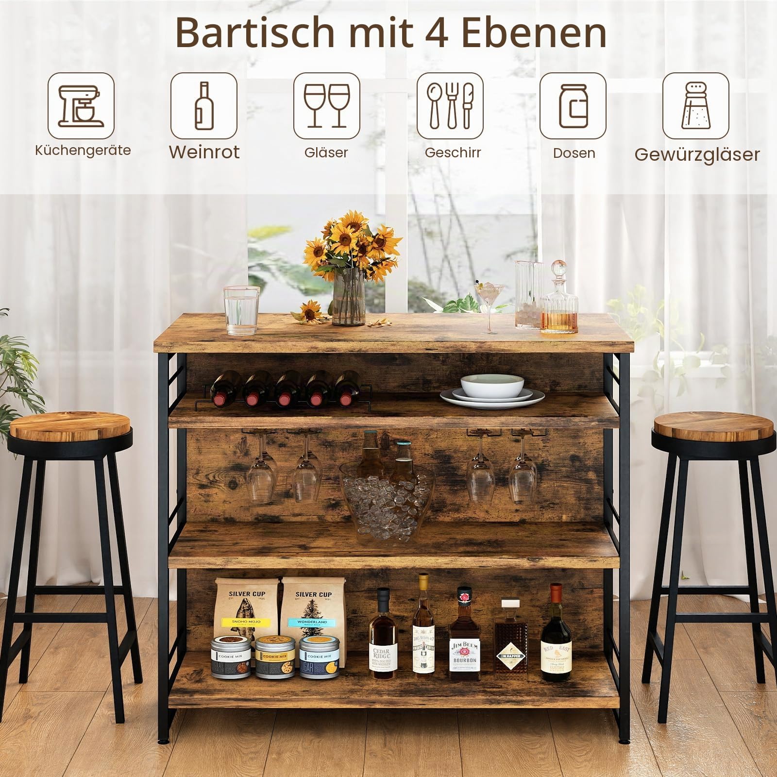 GIANTEX Hausbar Theke Bar, Barschrank mit 4 offenen Ablagen, Bartisch Küchen Tresentisch mit Weinregal & Gläserhalter, Küchenregal Küchentheke 120 x 60 x 101 cm, Küchenbar Küchentresen