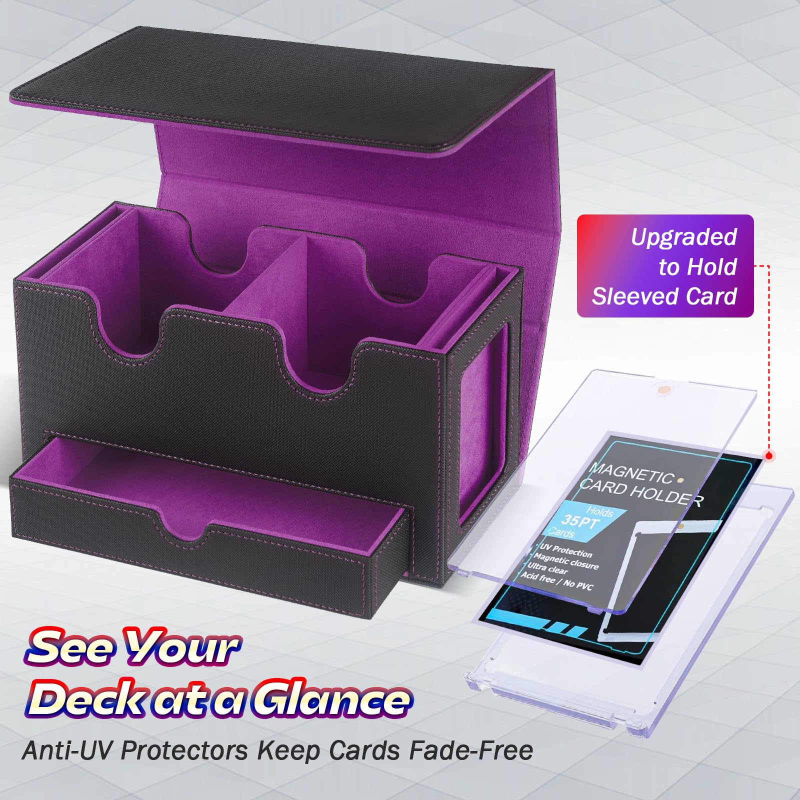 Ultra Pro MTG Commander Deck Box with 2 Display, Fits 320+ Cards, Magnetic Storage with 35pt Card Brick & 4 Dividers (Black&Purple)