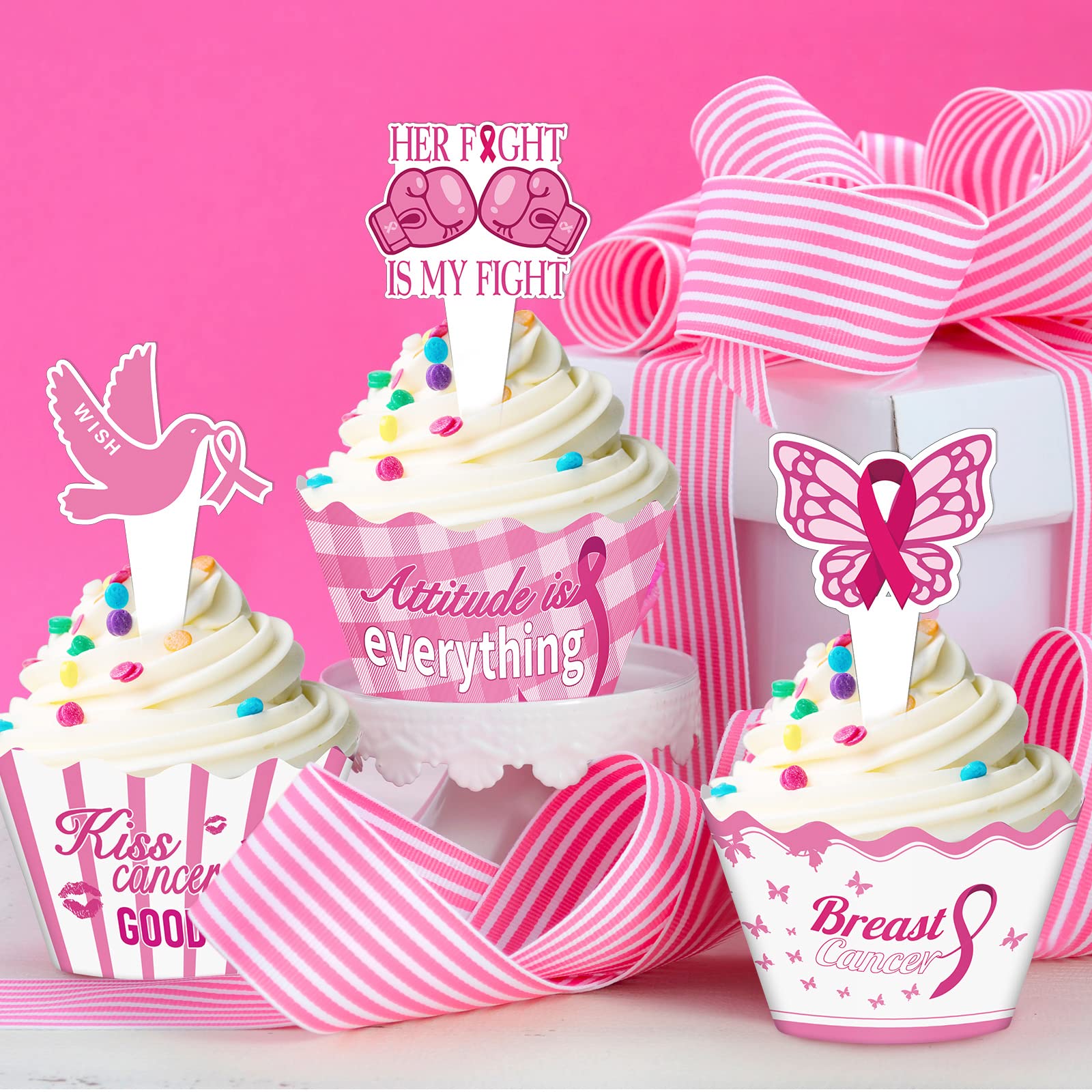 WANDIC Kit per la sensibilizzazione contro il cancro al seno, 18 palloncini a nastro rosa, 9 decorazioni per torte e 16 bandiere triangolari per la decorazione