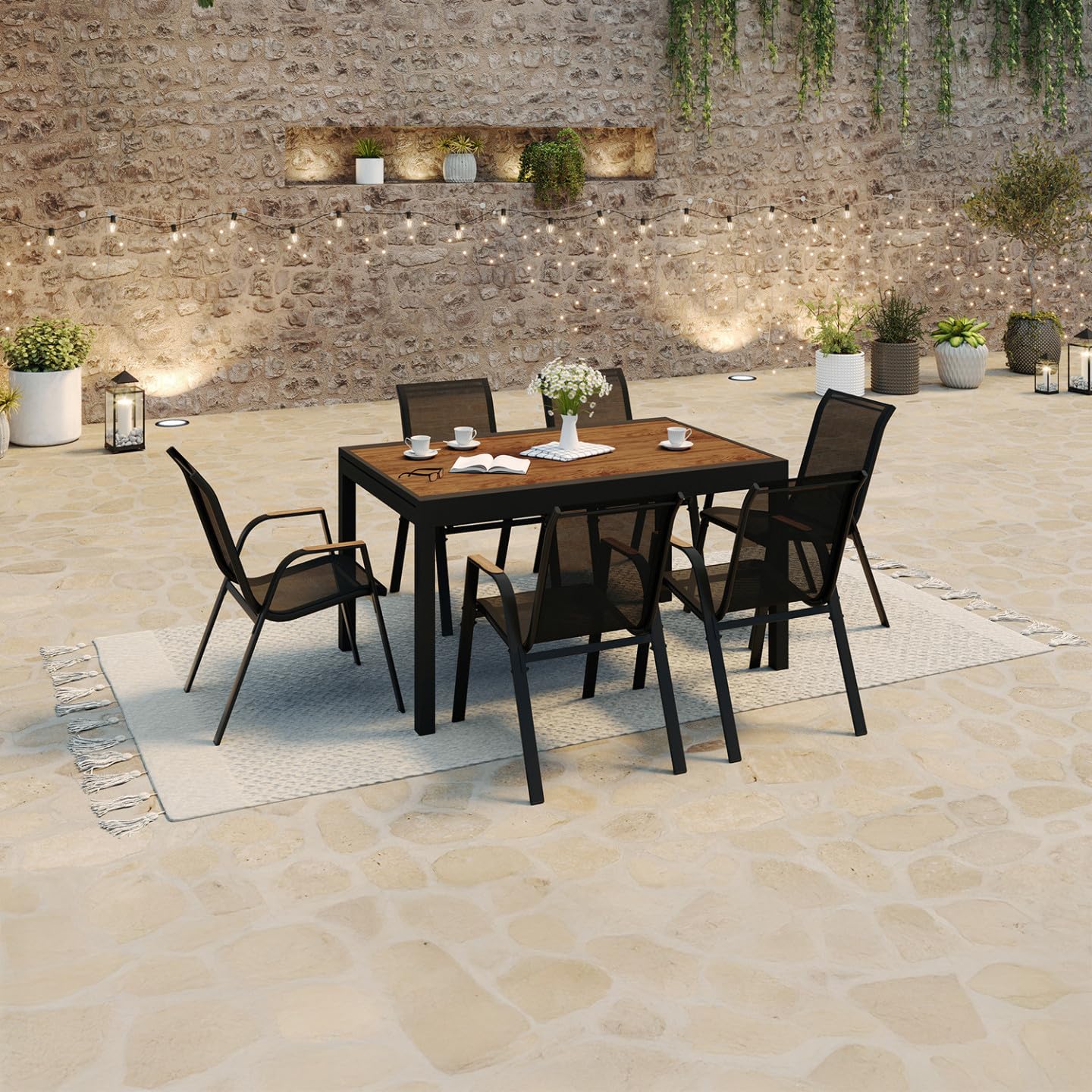 IDMarket - Salón de jardín NOUMEA Mesa extensible 135/270 cm, bandeja efecto madera y 12 sillas apilables negro y madera